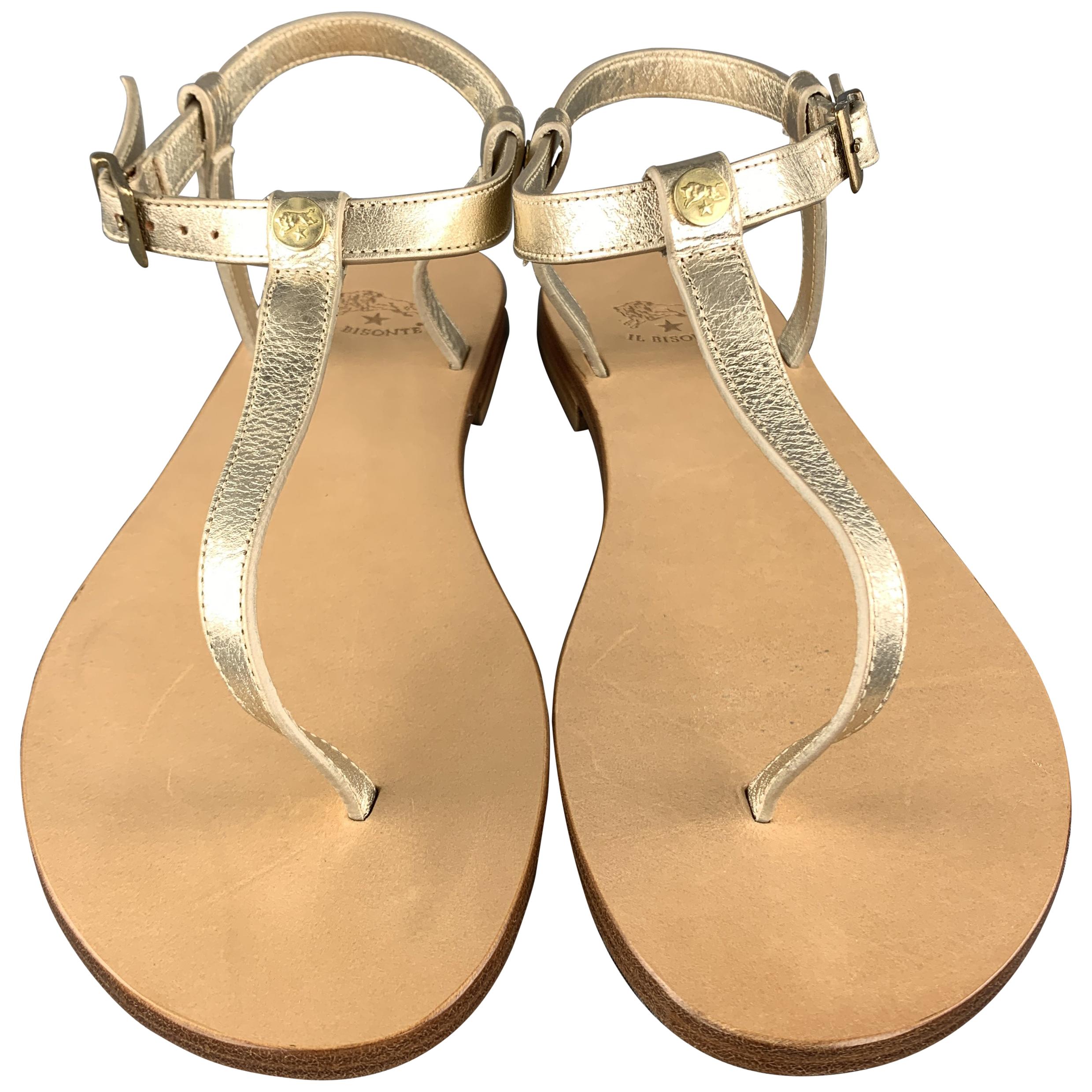 IL BISONTE Size 7 Champagne Gold Leather VERSILLA T-strap Thong Sandals