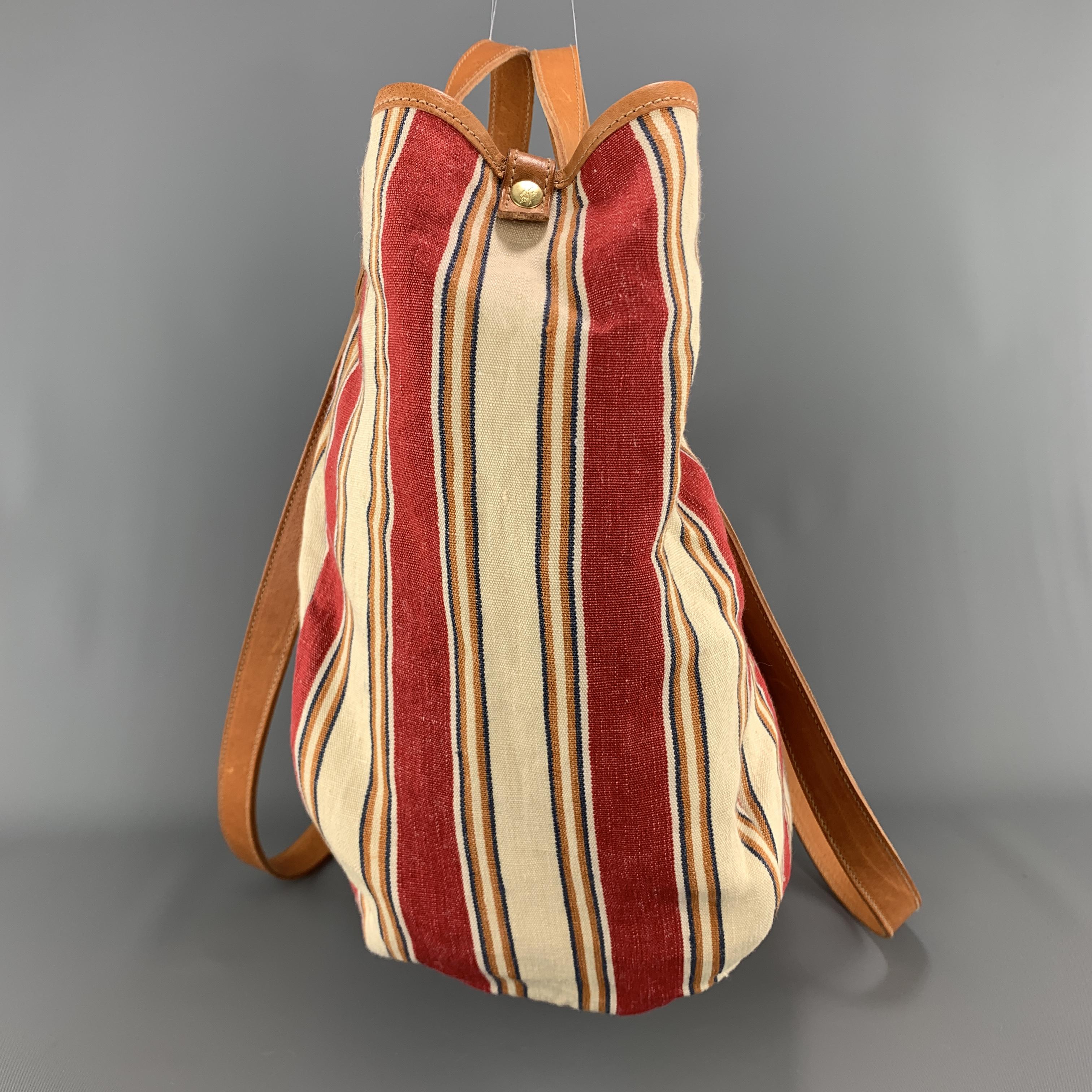 Brown IL BISONTE Stripe Red & White Canvas & Tan Leather VERSILLIA Tote Bag