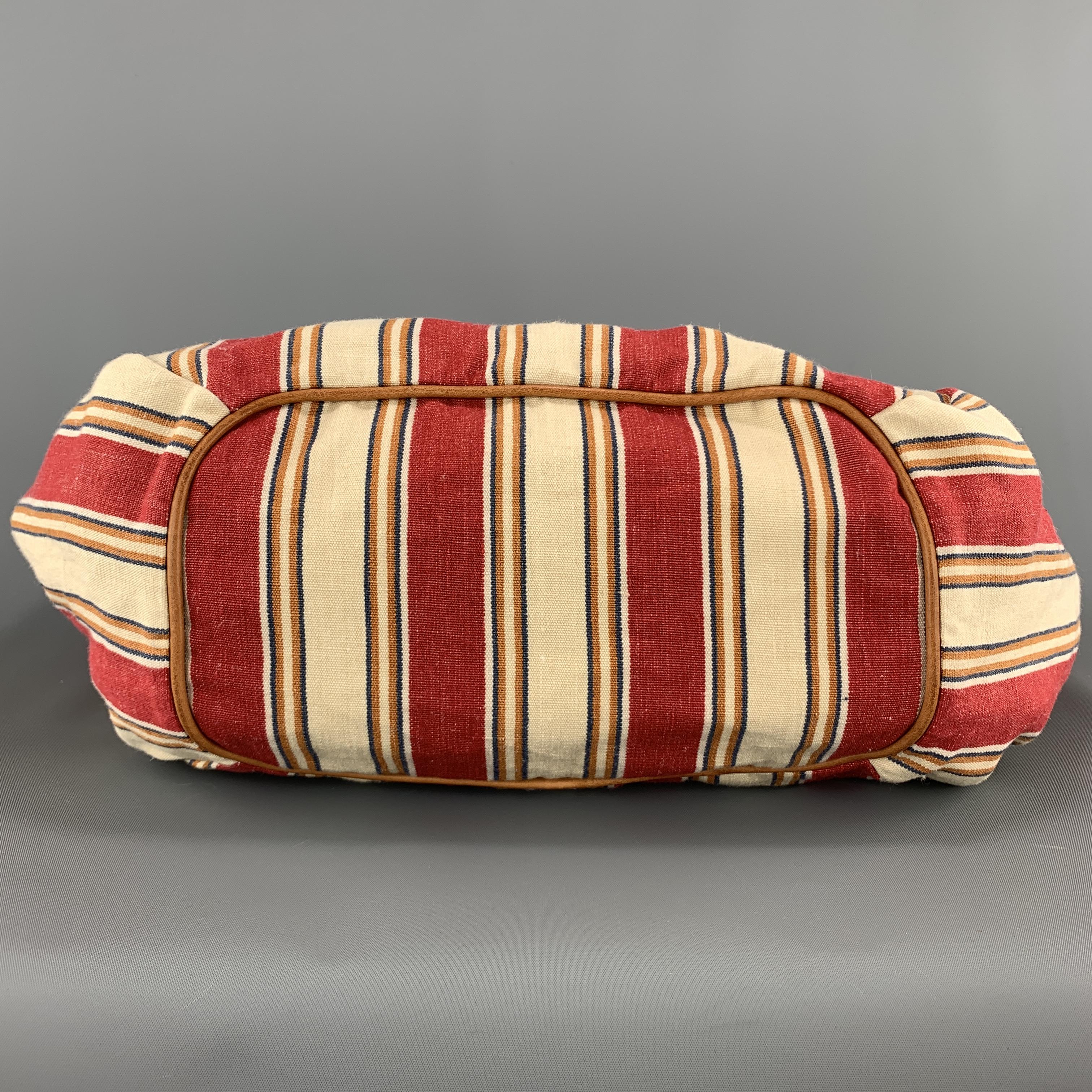 IL BISONTE Stripe Red & White Canvas & Tan Leather VERSILLIA Tote Bag In New Condition In San Francisco, CA