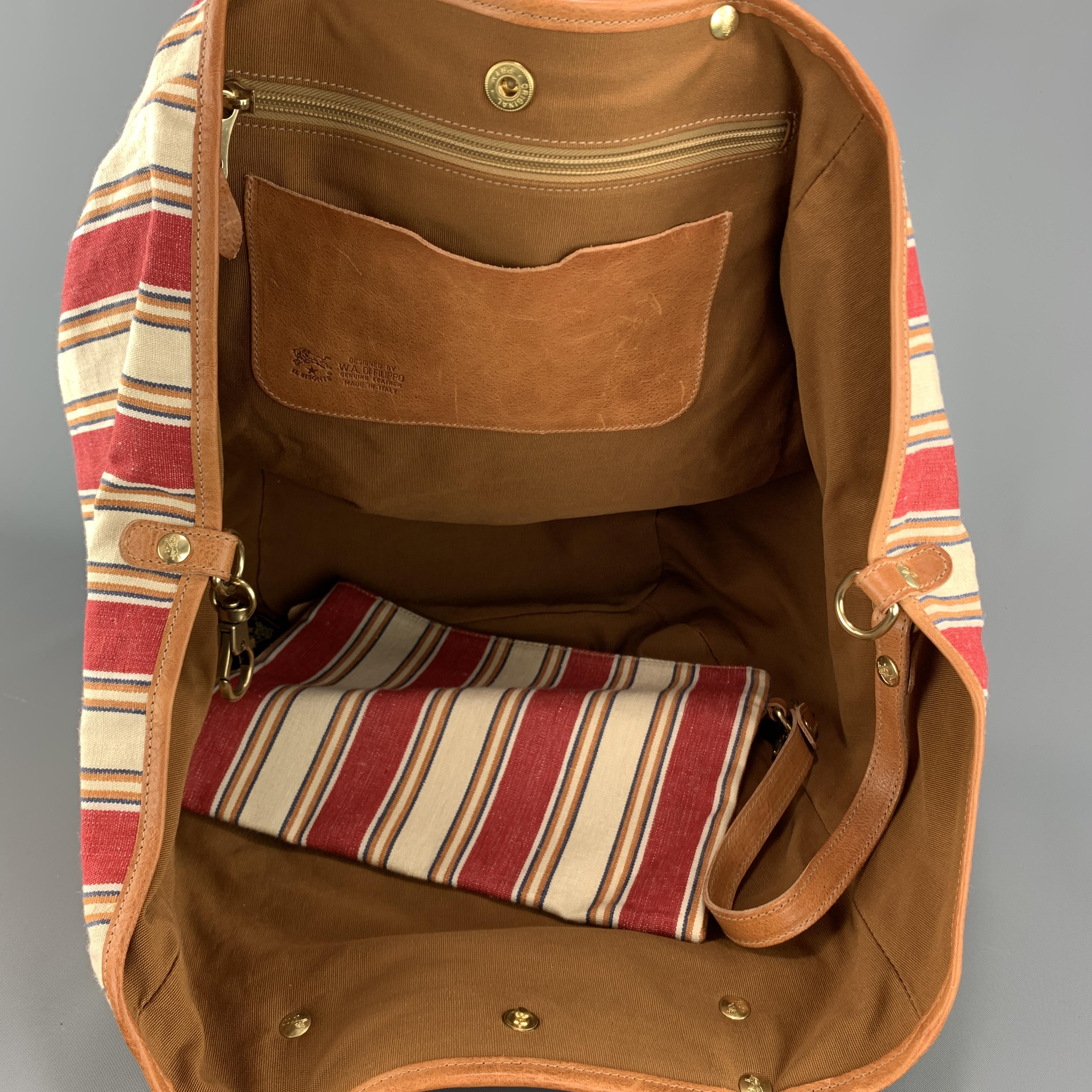 Women's or Men's IL BISONTE Stripe Red & White Canvas & Tan Leather VERSILLIA Tote Bag