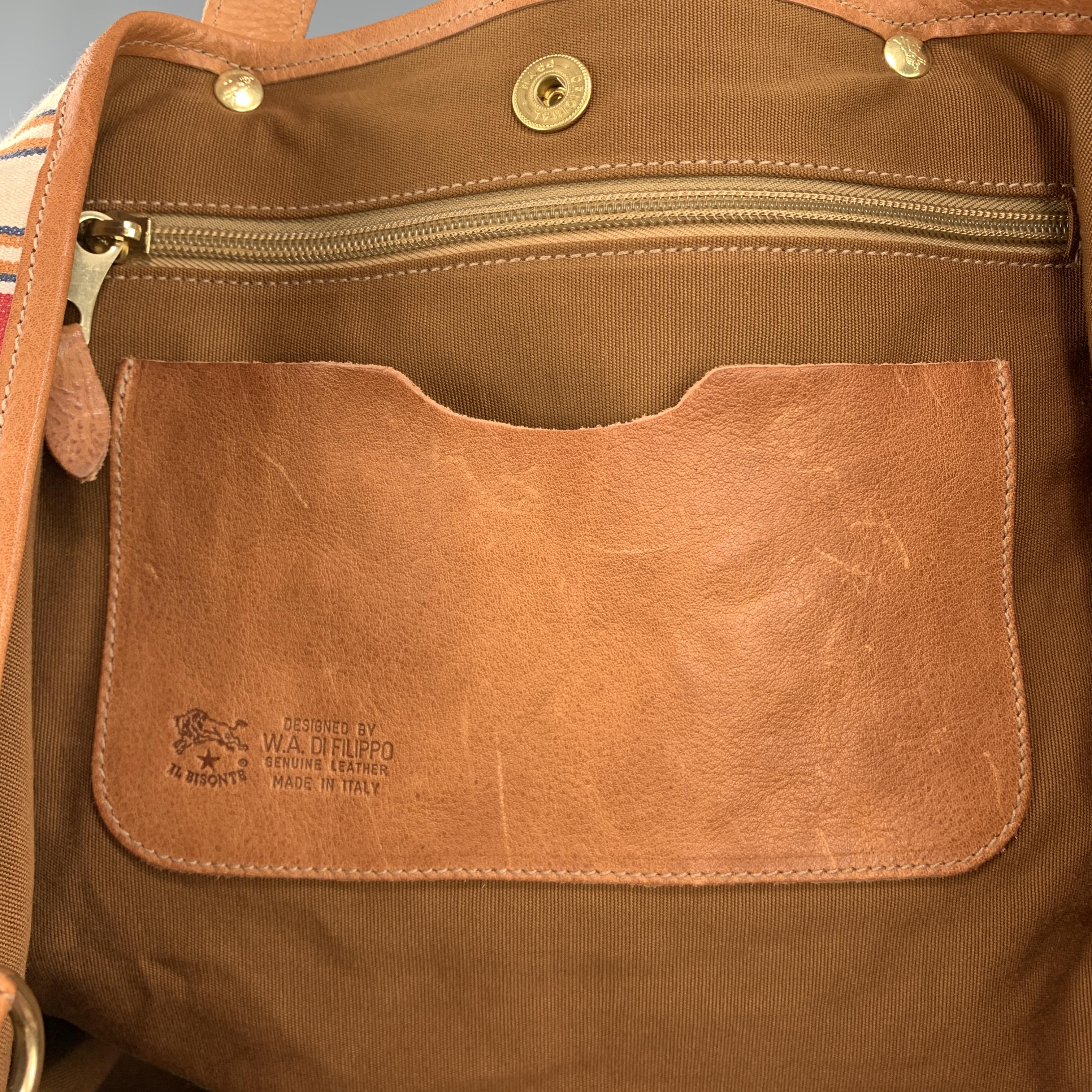 IL BISONTE Stripe Red & White Canvas & Tan Leather VERSILLIA Tote Bag 1