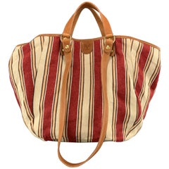 IL BISONTE Stripe Red & White Canvas & Tan Leather VERSILLIA Tote Bag