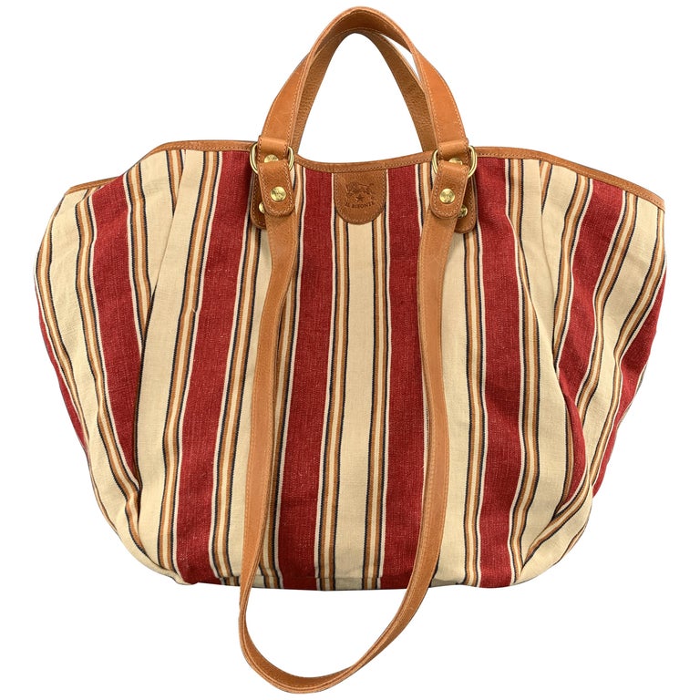 IL BISONTE Stripe Red and White Canvas and Tan Leather VERSILLIA Tote ...