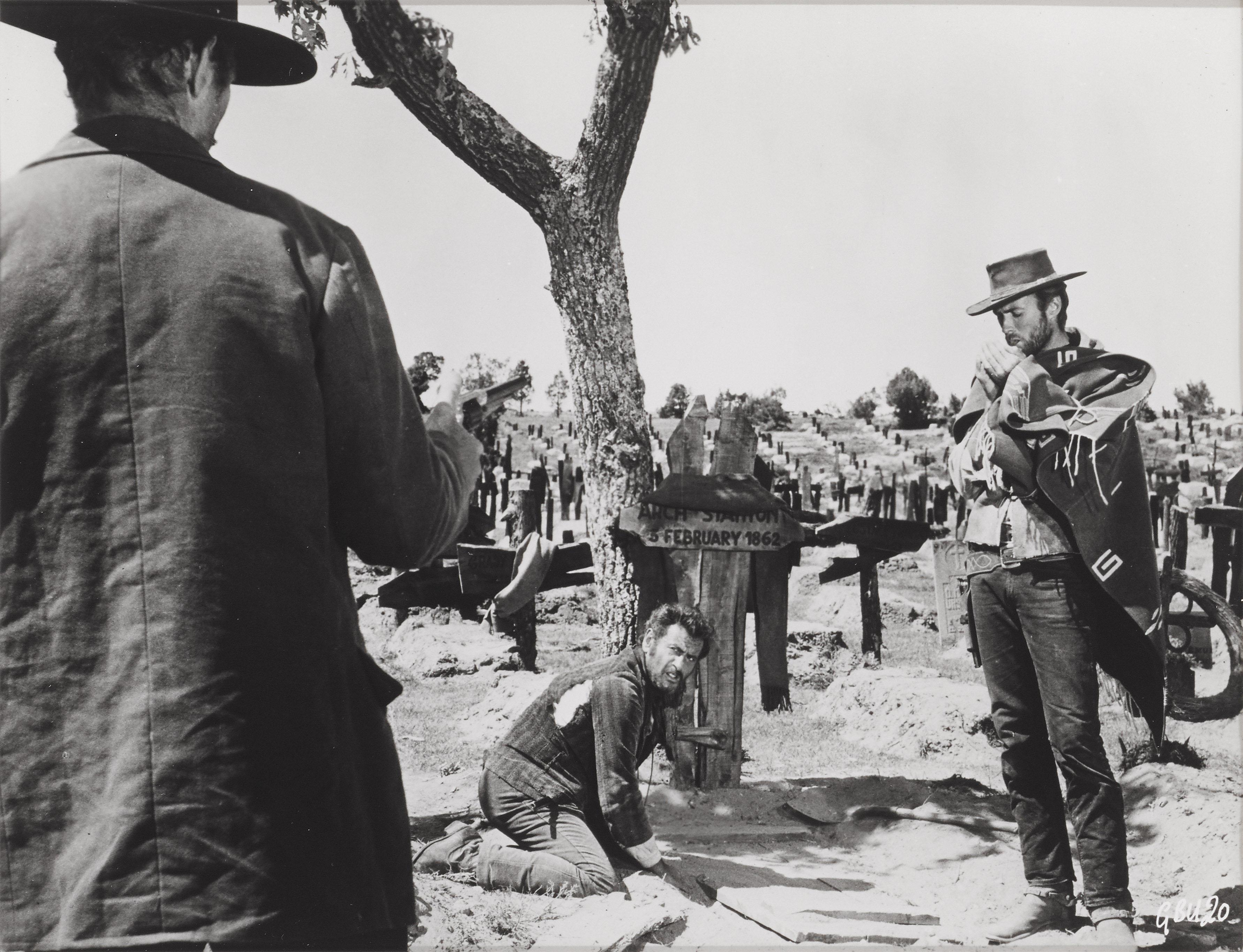 Original photographic production still for the 1966 Spaghetti western staring Clint Eastwood, Eli Wallach and Lee Van Cleef, and directed by Sergio Leone. Clint Eastwood's.
This piece is framed in a Sapele wood frame with acid free card mounts and