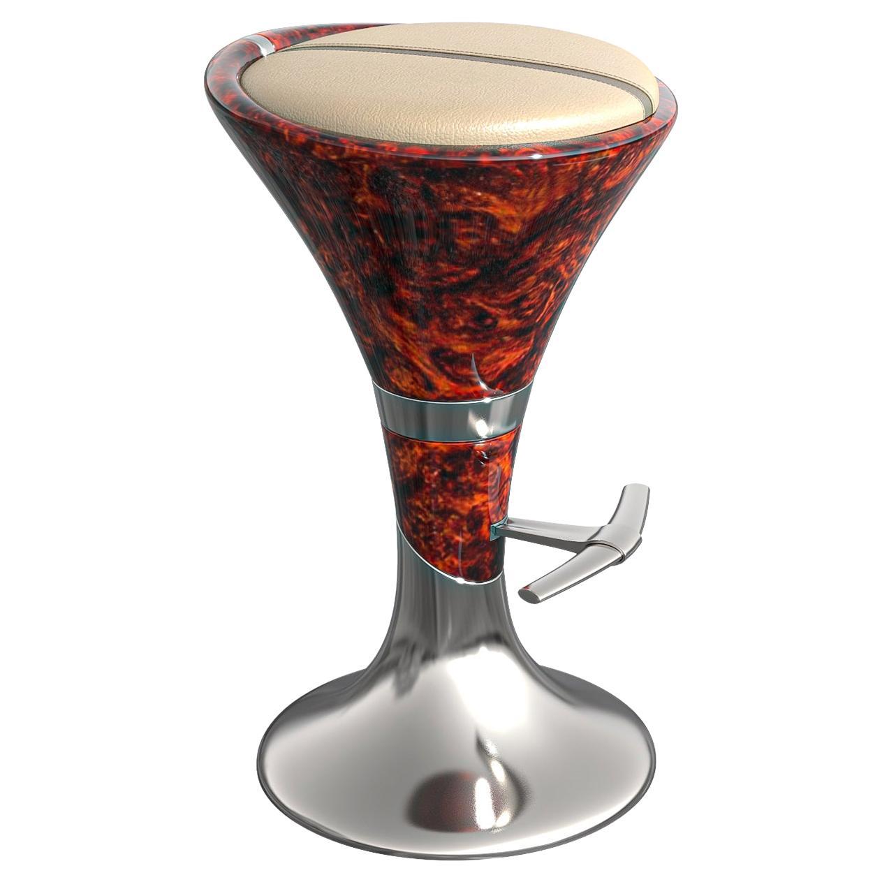 "il Destino" Bar Stool with Burl Walnut, Stainless Steel, Hand Crafted, Istanbul
