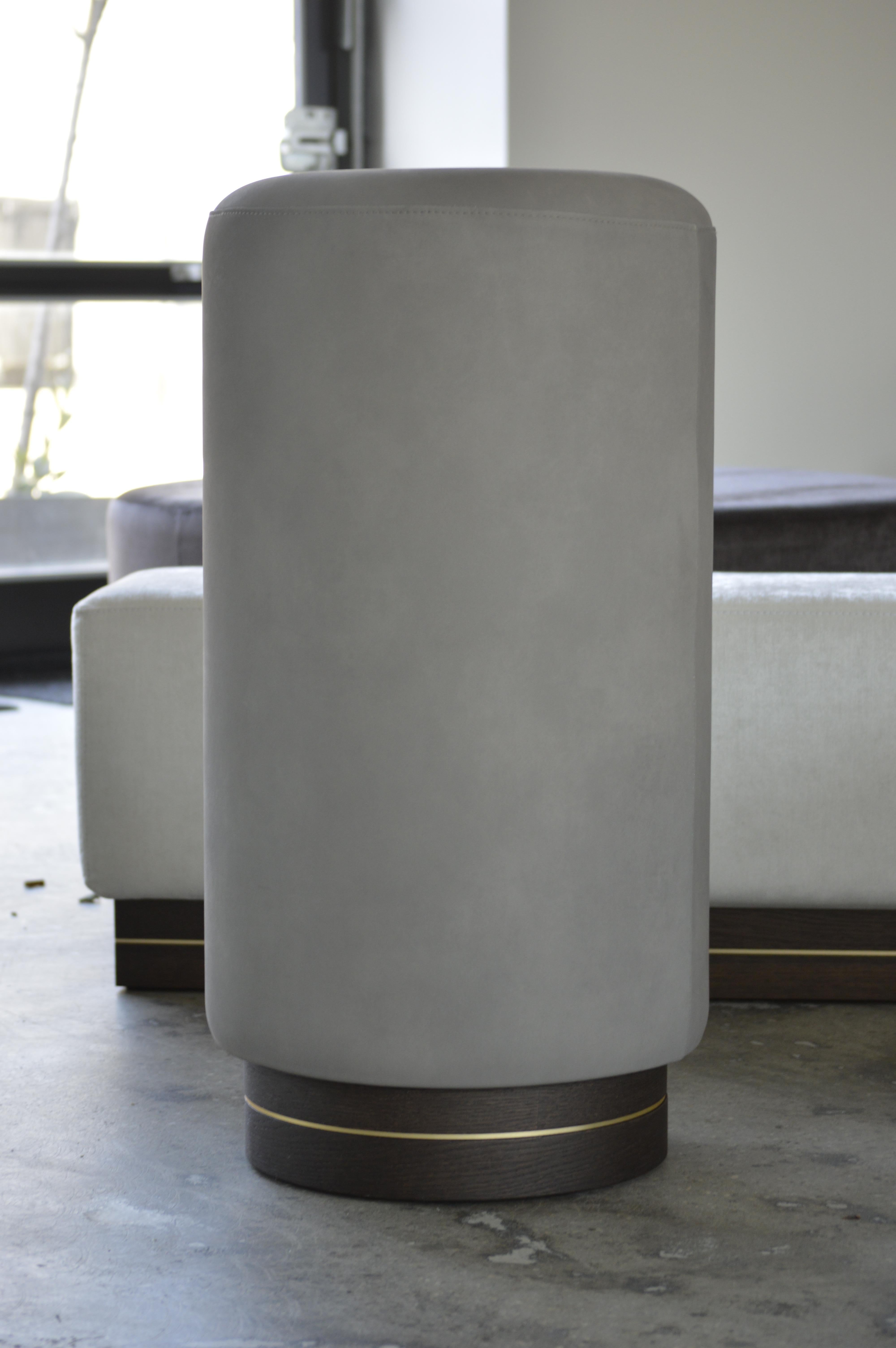 Contemporary Il Fratellino, Scandinavian Tall Pouf in Suede on a Wooden Base with Brass Décor For Sale