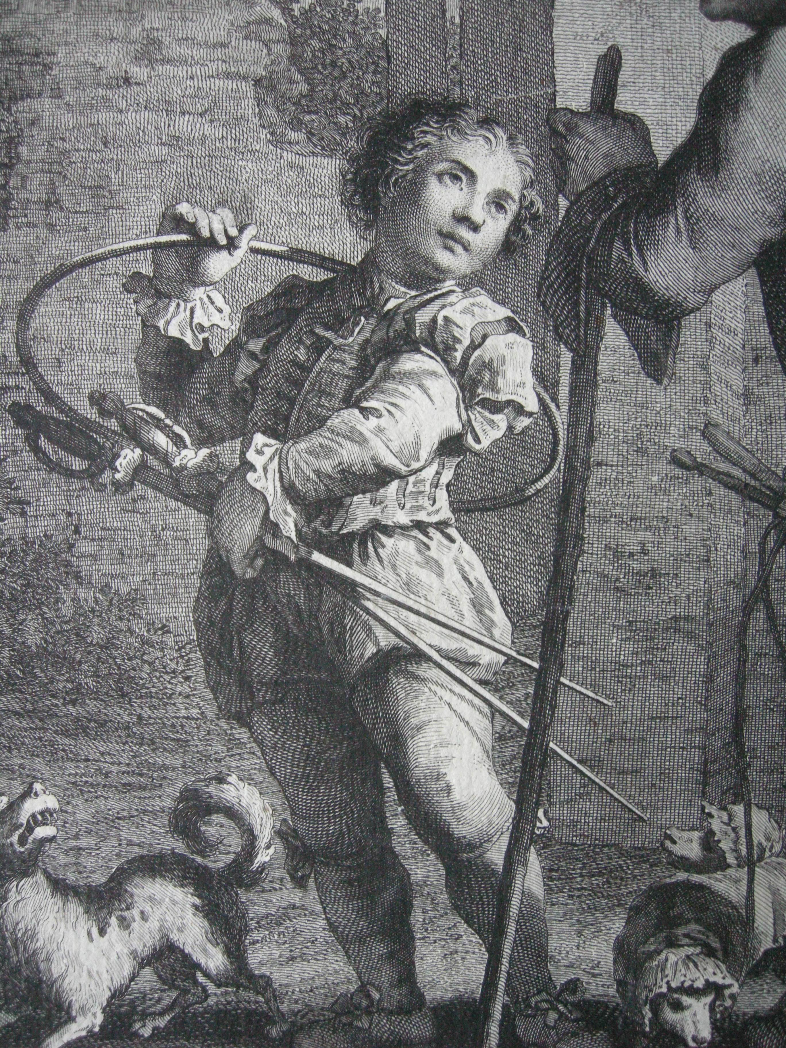 Dieser reizvolle Original-Kupferstich von Giovanni Volpato ( 1733-1803 ) nach einem Gemälde von Francesco Maggiotto ( 1738-1805 ) wurde 1765 in Venedig ausgeführt.
Ein kleiner Junge, der zwei Dolche und einen Reifen trägt, schaut zu einem Mann mit