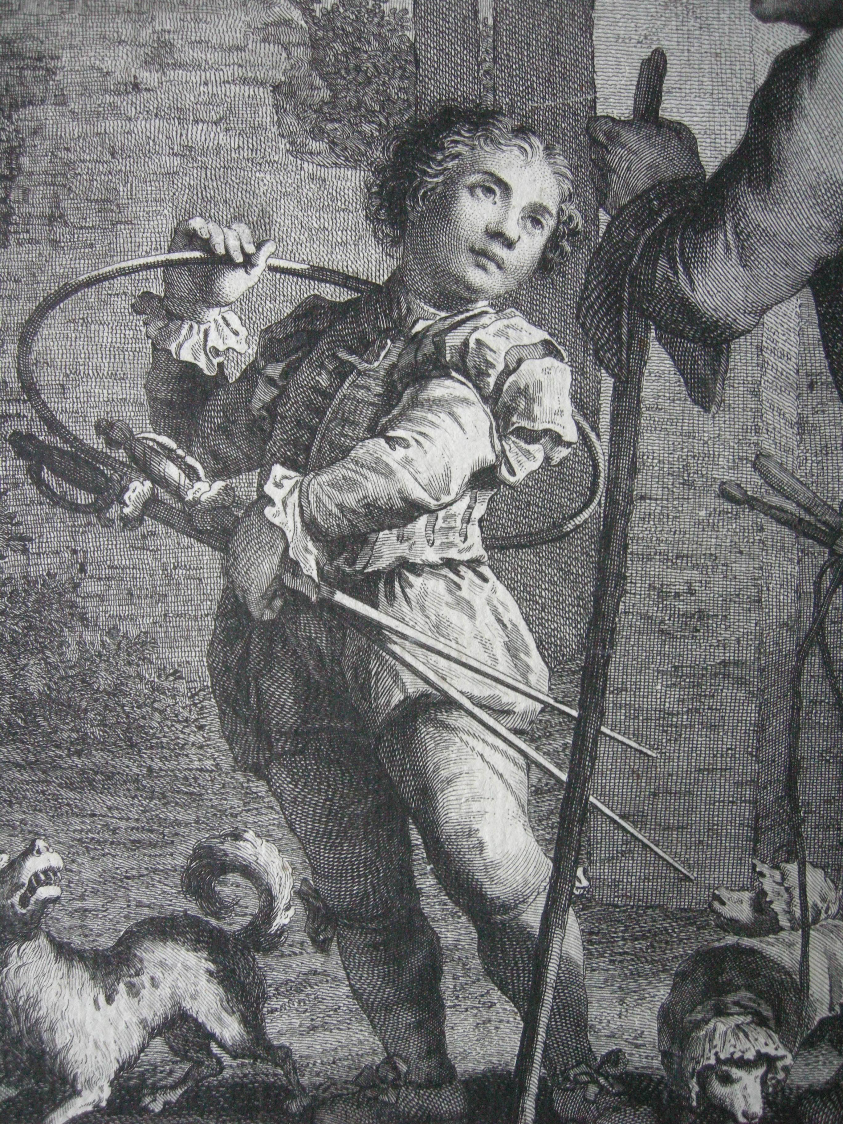 Questa deliziosa incisione originale su rame di Giovanni Volpato ( 1733-1803 ) dopo un dipinto di Francesco Maggiotto ( 1738-1805 ) fu eseguita a Venezia nel 1765.
Un bambino, con due pugnali e un cerchio, guarda un uomo con un bastone da passeggio