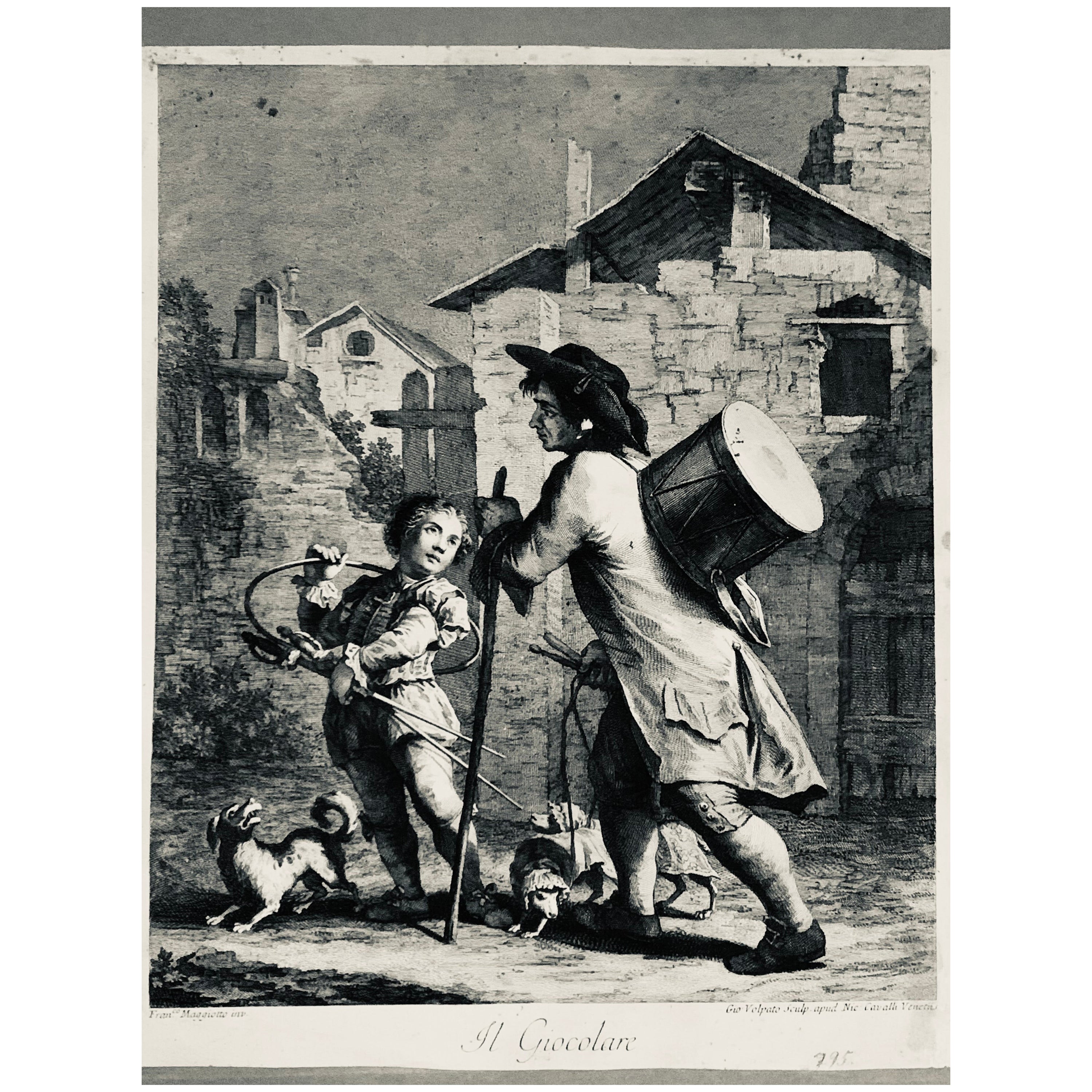 Reisender junger Juggler + Trommel „Il Giocolare“  Antiker Original-Kupferteller im Angebot