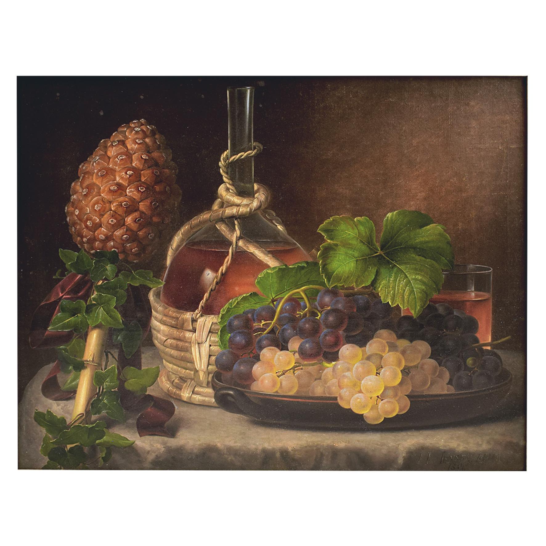 I.L. Jensen, 1800-1856.
Still Life with grapes, wine, pine cone and ivy on a table. Silver frame.
Signed I.L. Jensen Roma, 1834
Often referred to as ‘Blossom-Jensen’.
Jensen was the leading flower painter of the Danish Golden Age

Measures