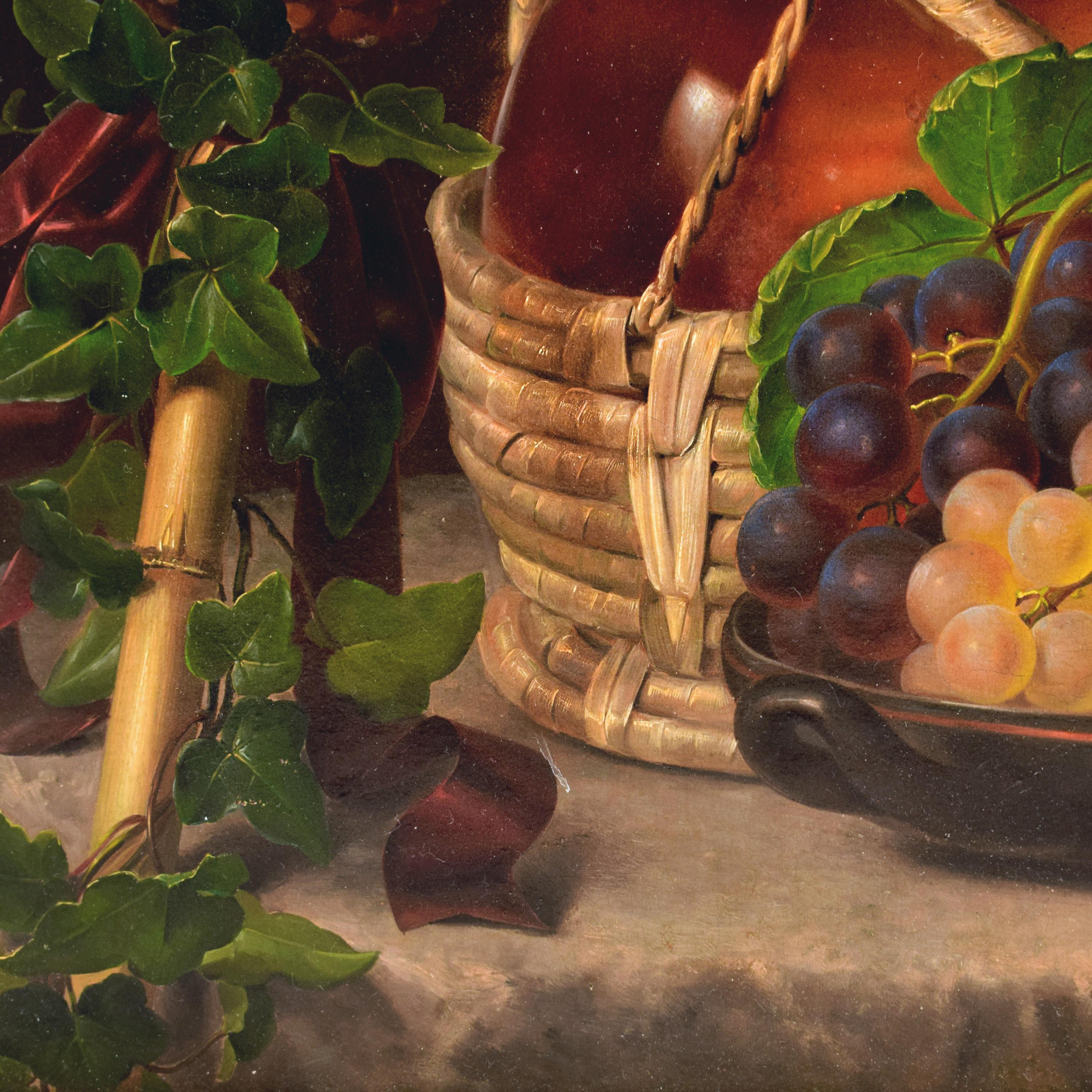 Painted I.L. Jensen, Painting Still Life with Grapes and Wine on a Table, Signed