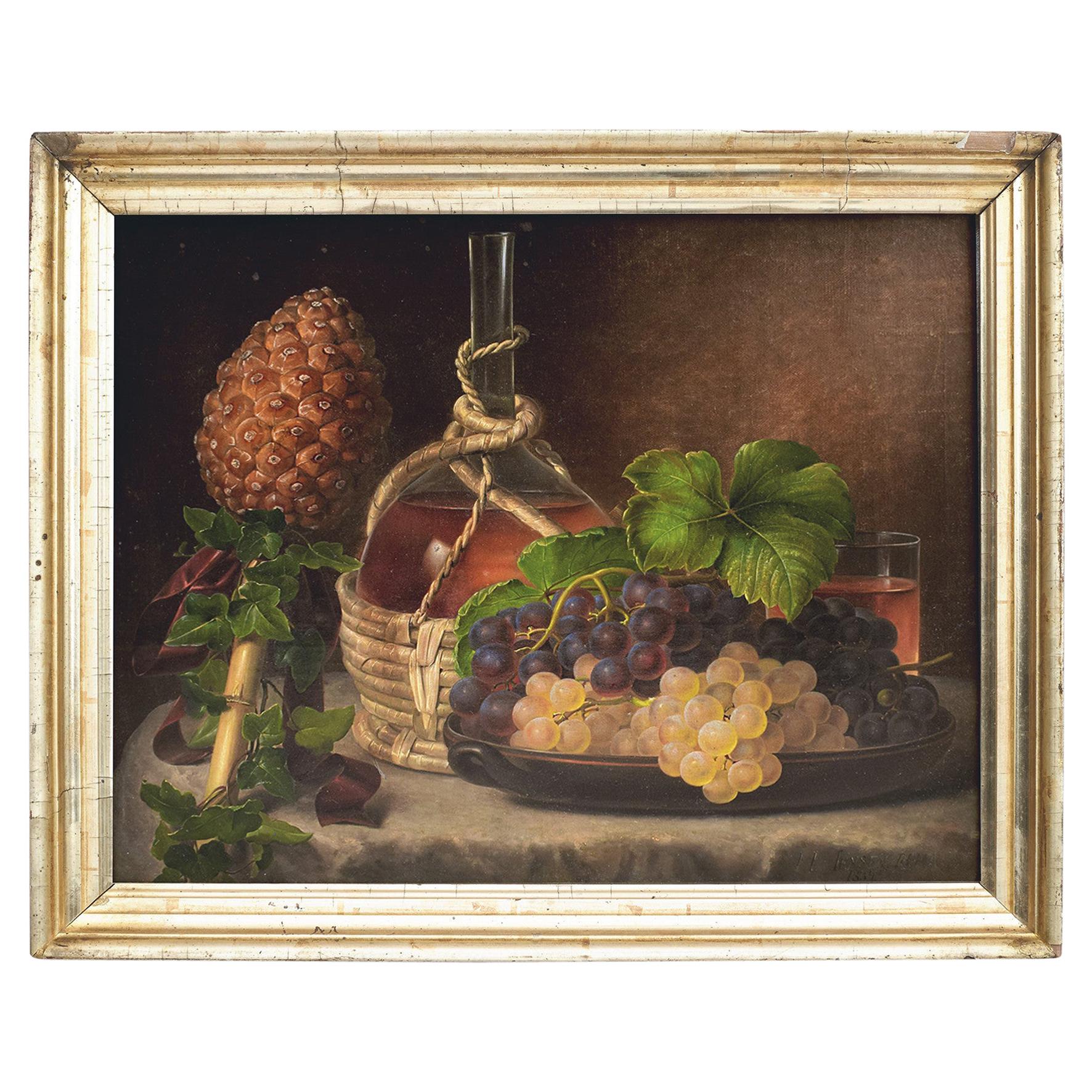 I.L. Jensen, Painting Still Life with Grapes and Wine on a Table, Signed