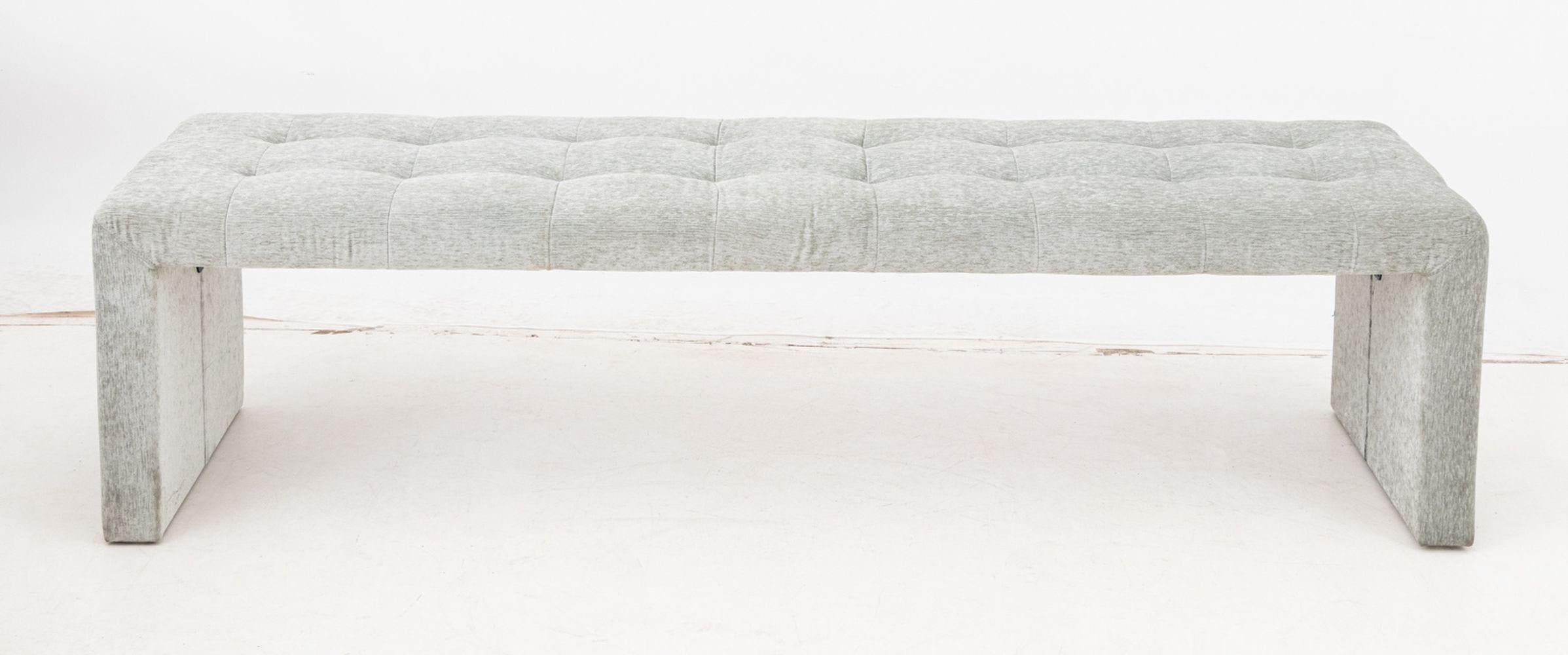 Il Loft Postmodern Gray Upholstered and Tufted Kyoto Bench, the underside marked 