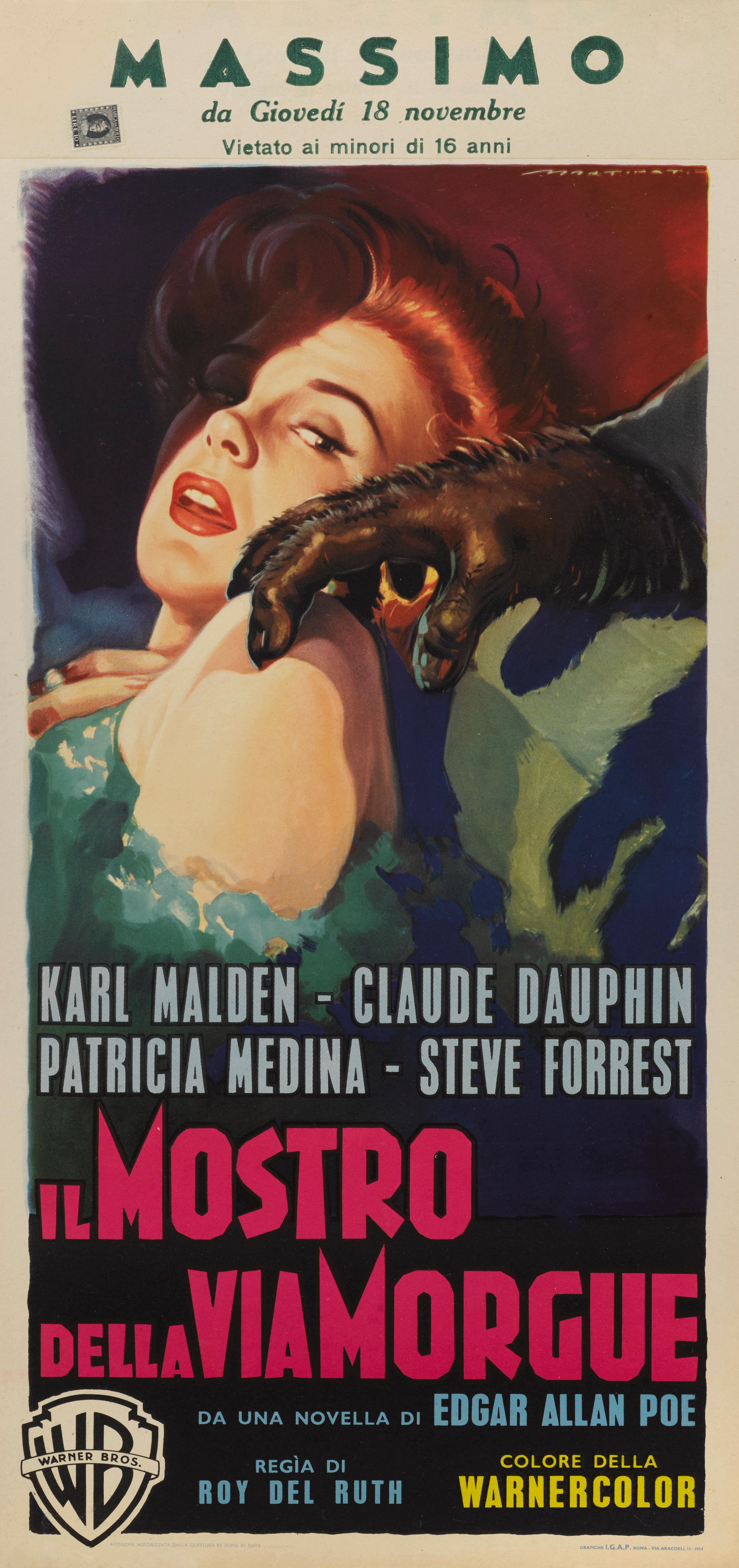 Original Italian film poster for the 1954 Horror film directed by Roy Del Ruth and starring Karl Malden and Claude Dauphin. The film is an adaptation of Edgar Allan Poe's short story The Murders in the Rue Morgue. The Artwork is by the renowned