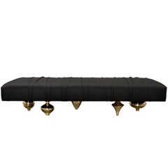 "Il Pezzo 1 Bench" upholstered pouf in fine leather with a polished brass base