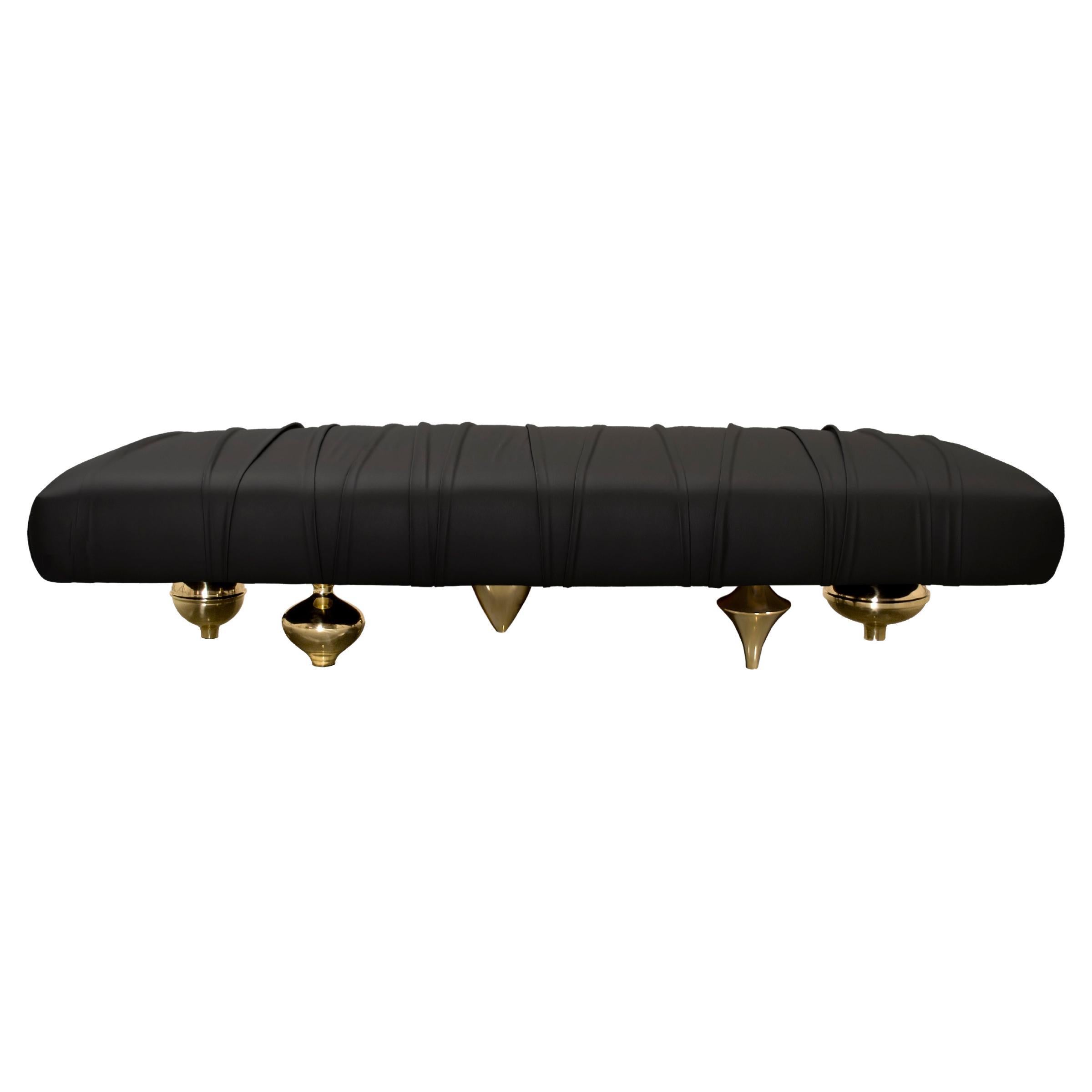 "Il Pezzo 1 Bench" upholstered pouf in fine leather with a gold plated base