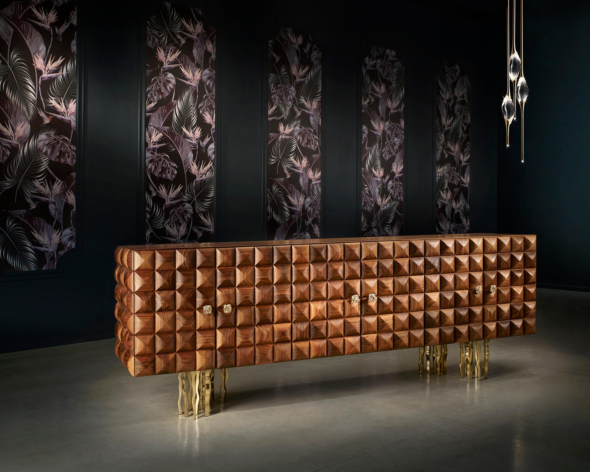 Rigid, strong and impenetrable, like a medieval Florentine palace, it seems to be suspended and floating over an imaginary Arno river. Il Pezzo 10 Credenza shows off its embossed wood giving it a medieval taste.  The wood shows infinite shades and