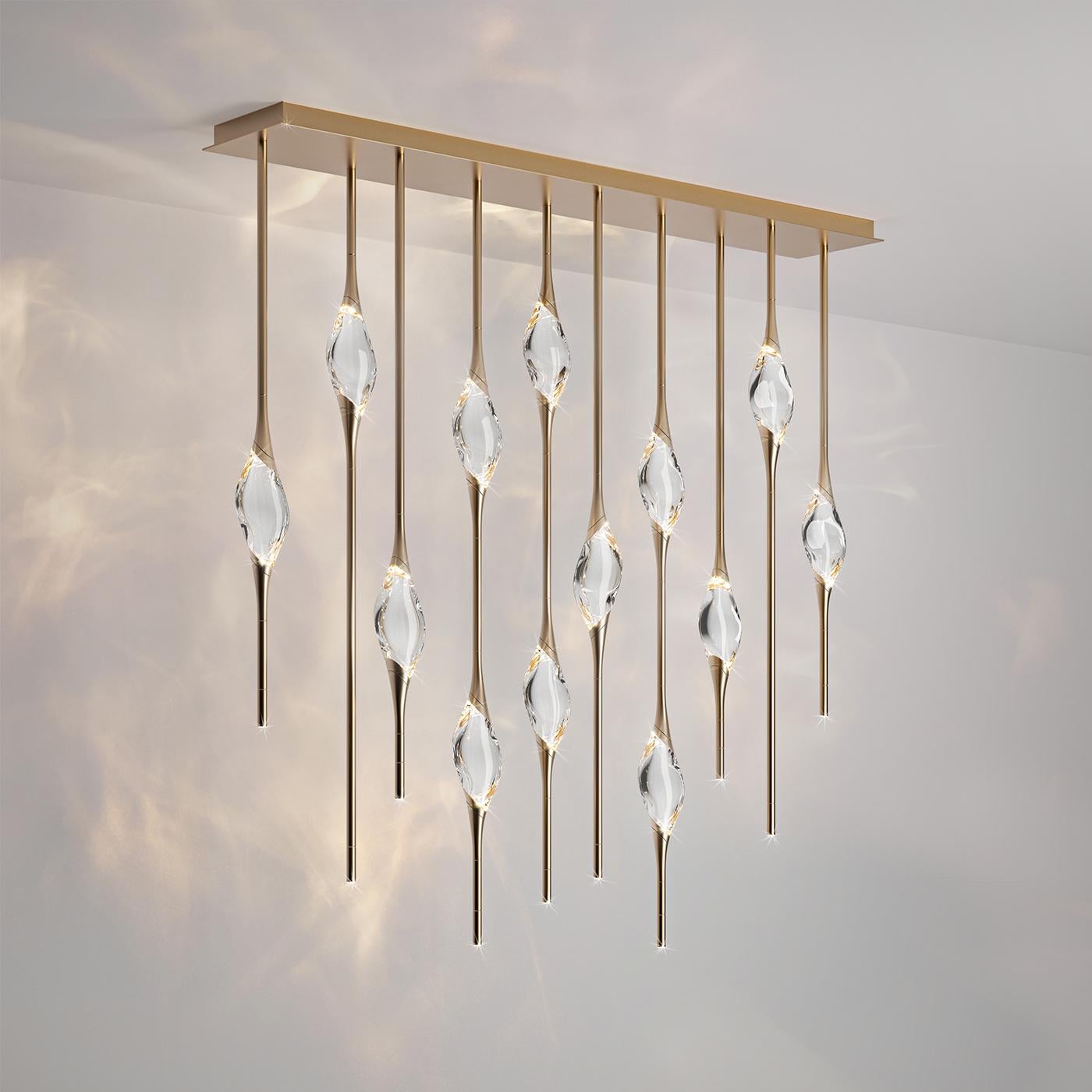 Il Pezzo 12 10-Pendants Satin Brass Staggered Chandelier by Il Pezzo Mancante In New Condition For Sale In Milan, IT