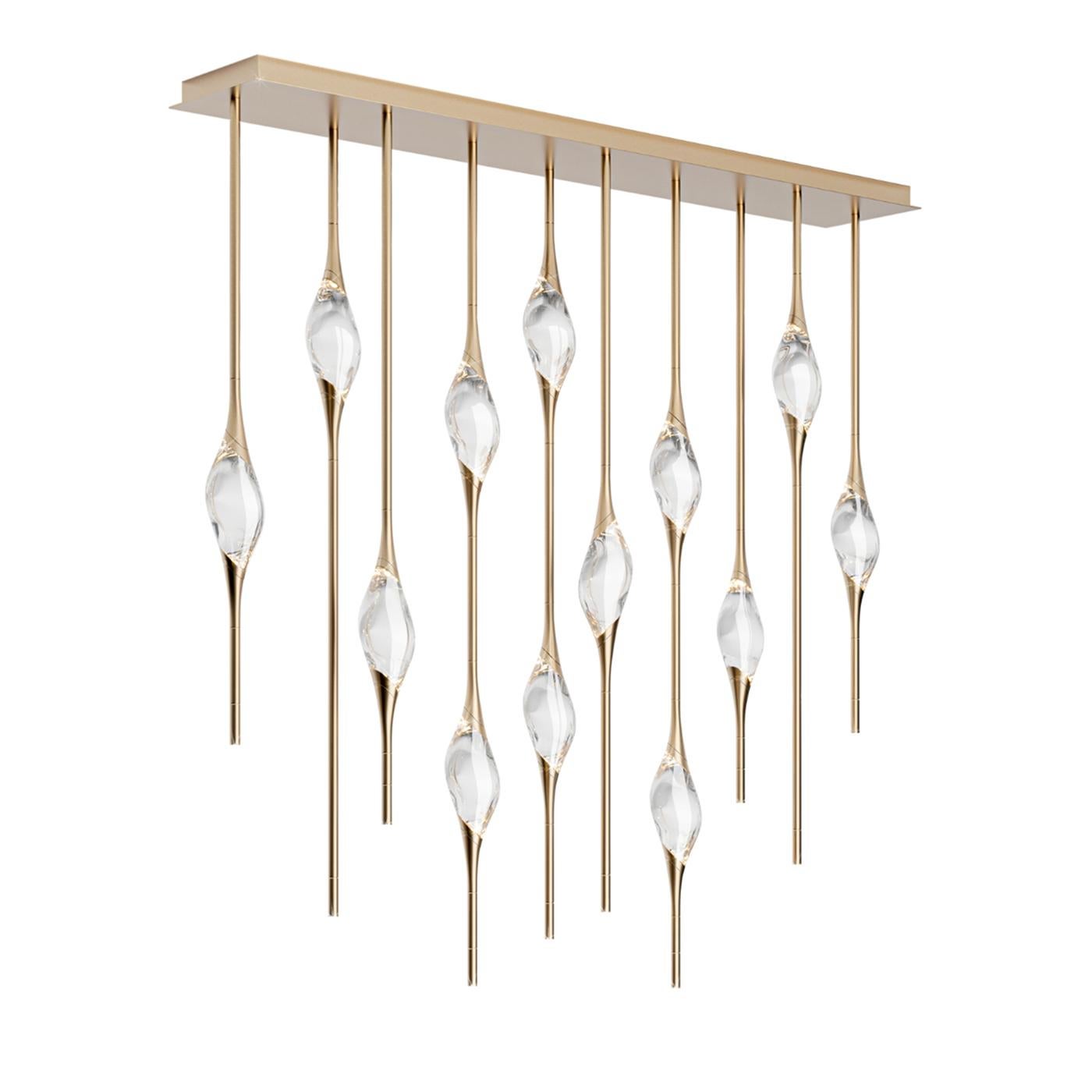 Contemporary Il Pezzo 12 10-Pendants Satin Brass Staggered Chandelier by Il Pezzo Mancante For Sale