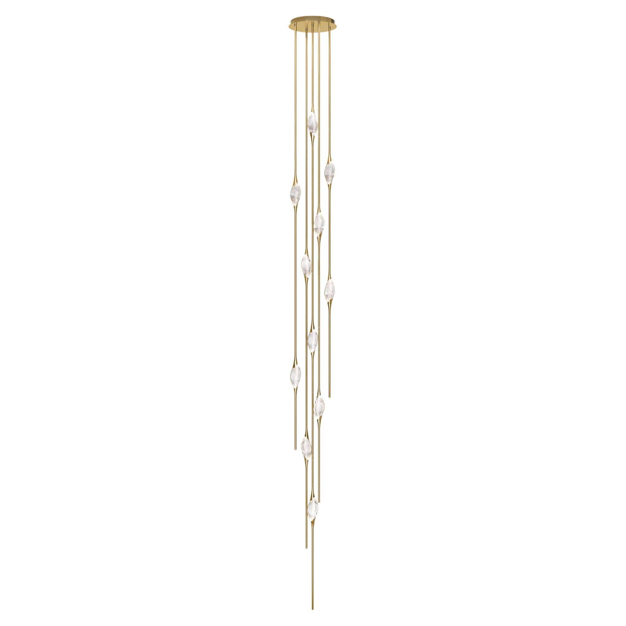 "Il Pezzo 12 Cluster Chandelier" - height 480cm/189" - polished brass - crystal For Sale