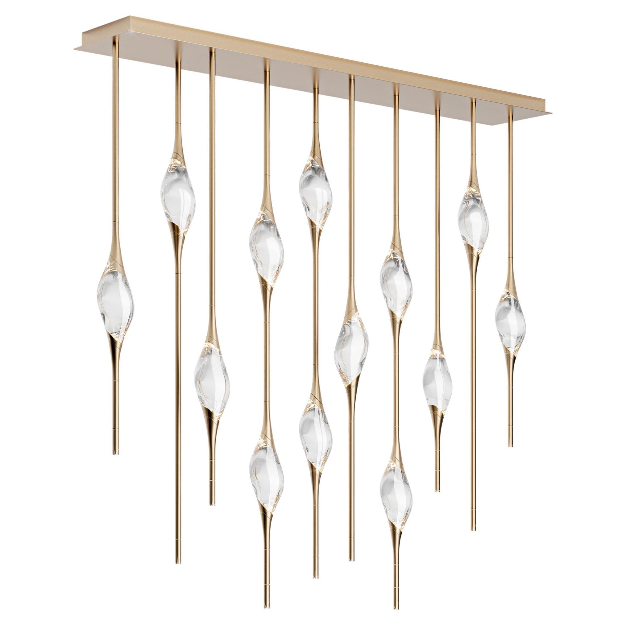 "Il Pezzo 12 Staggered Chandelier" - length 150cm/59” - satin brass - crystal For Sale