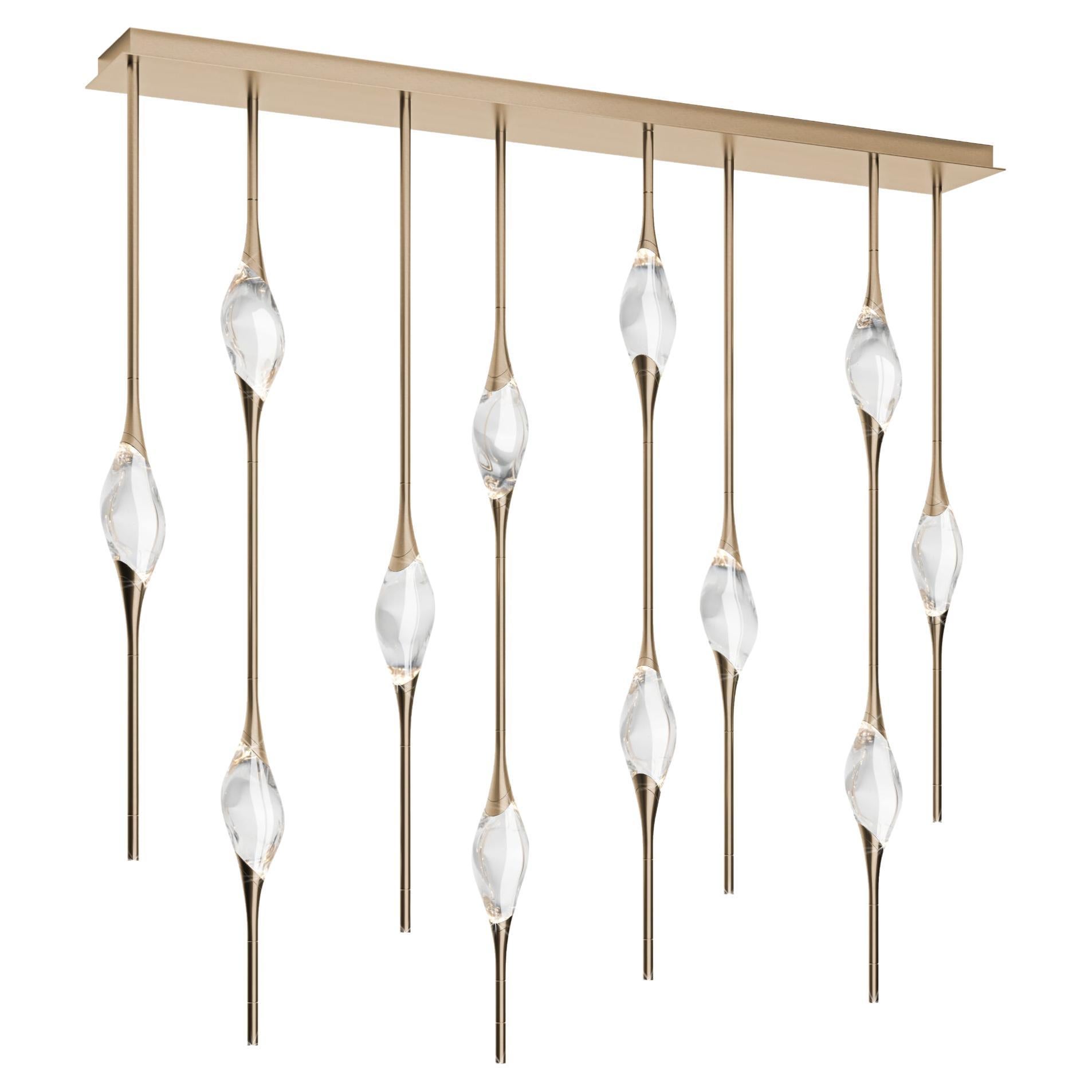 "Il Pezzo 12 Staggered Chandelier" - length 150cm/59” - satin brass - crystal For Sale