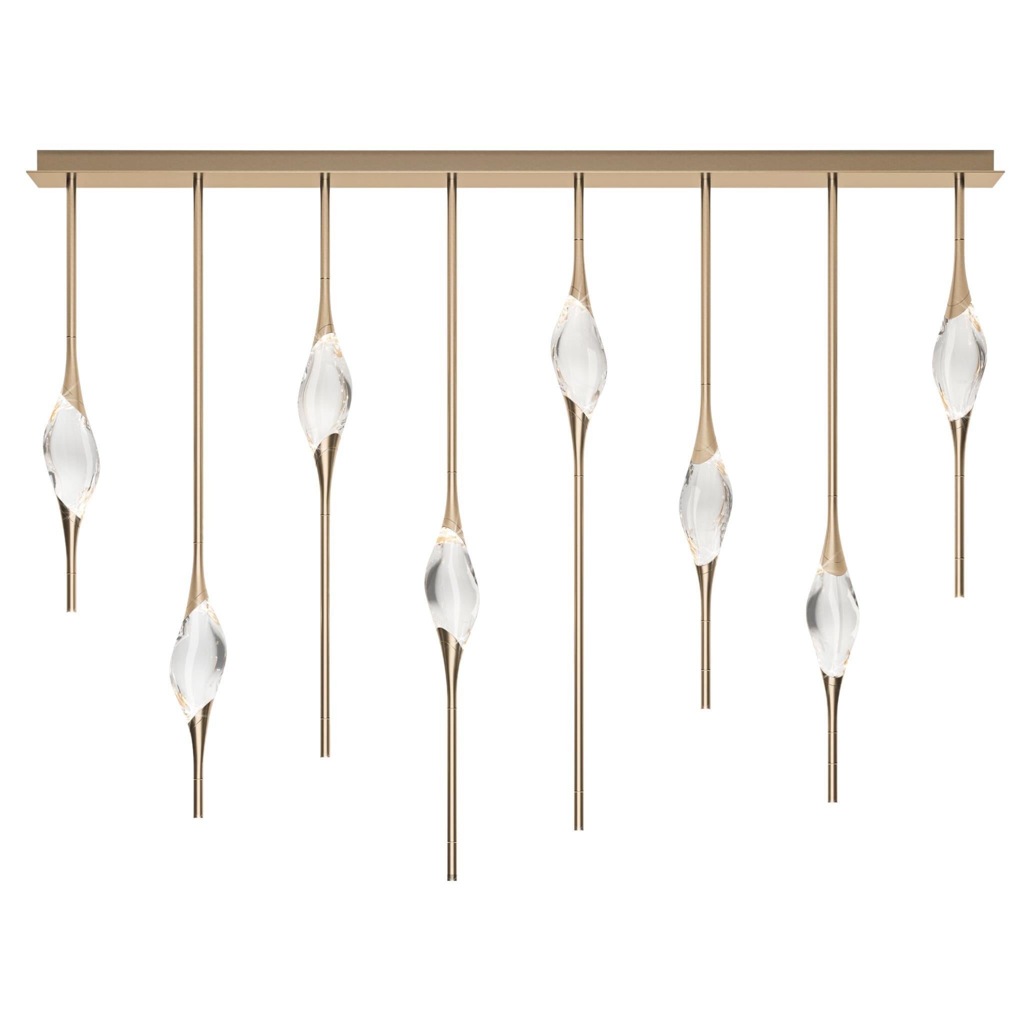"Il Pezzo 12 Staggered Chandelier" - length 160cm/63” - satin brass - crystal For Sale