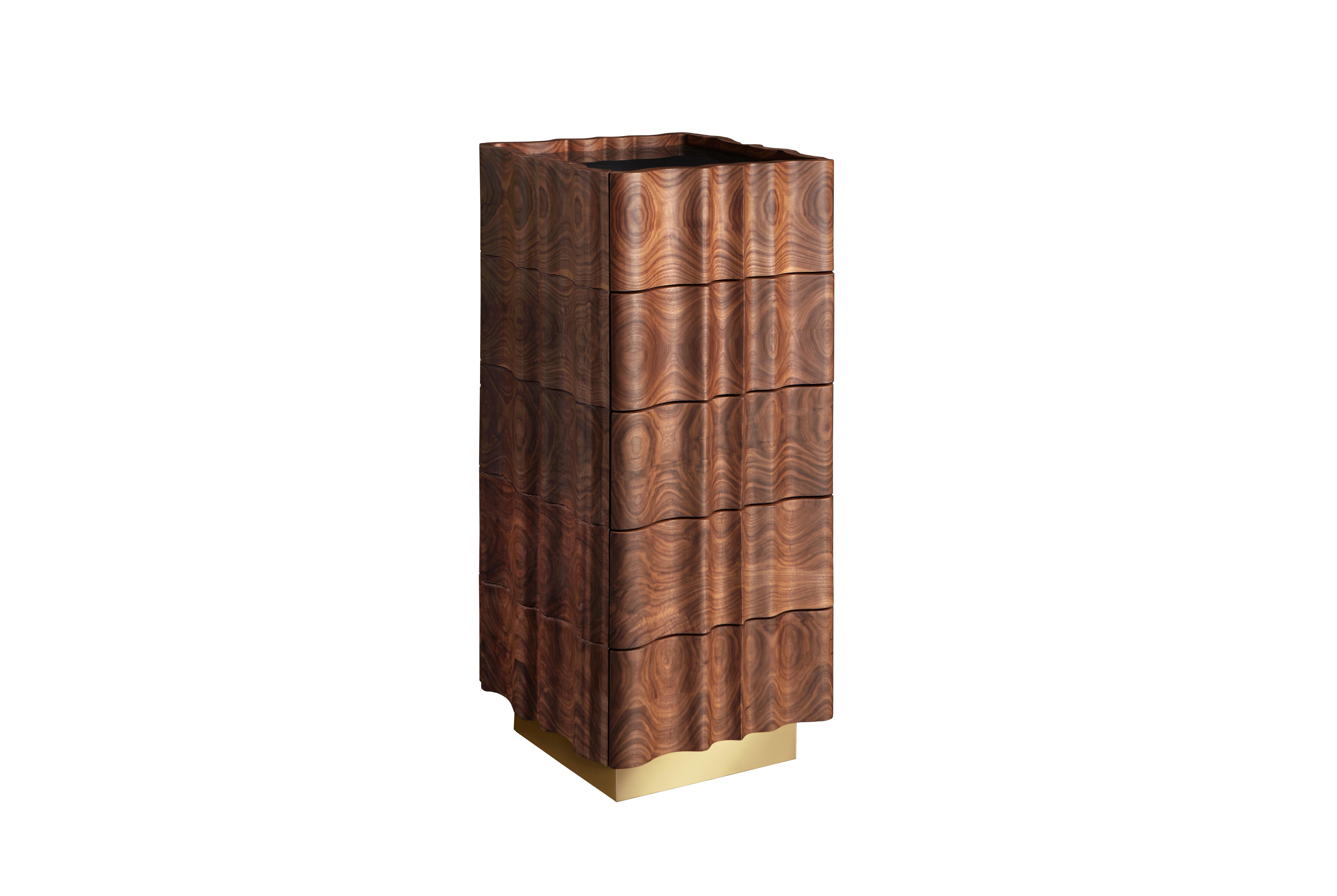Il Pezzo 2 Settimino Highboy by Il Pezzo Mancante
Dimensions:  W 50 x D 50 x H 109 cm
Materials: Structure: 100% solid walnut treated with natural oil
Top: white Carrara marble / black Marquinia marble
Base:  satin brass / bronze / gold /