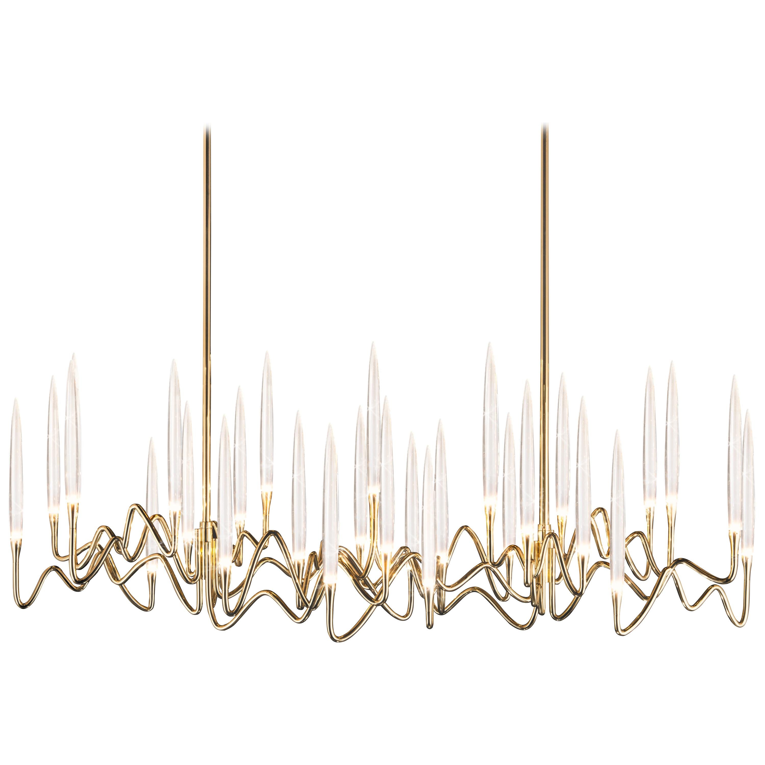 Il Pezzo 3 "Long Chandelier" Crystal with a Handmade Forged Gold Brass Structure For Sale
