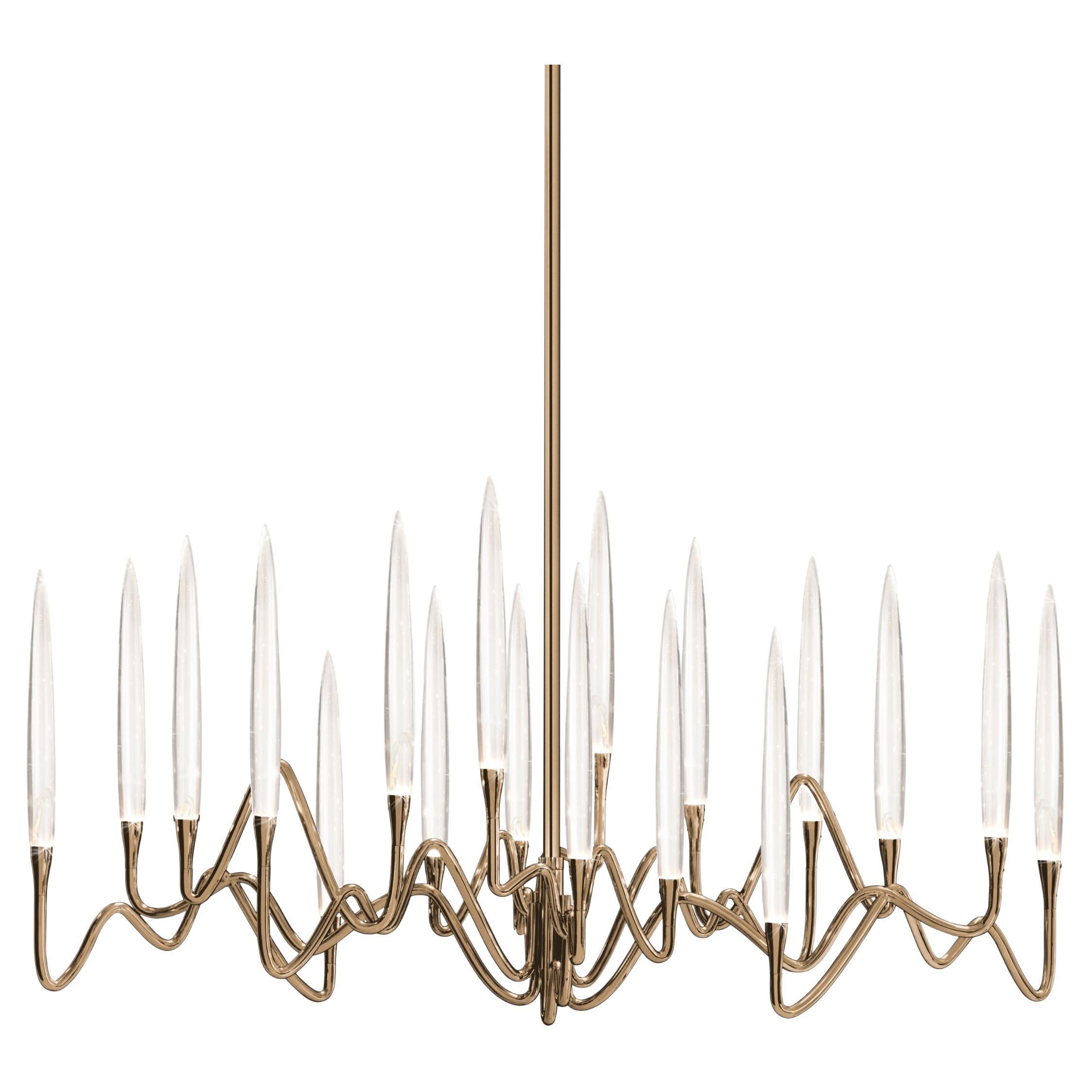 "Il Pezzo 3 Long Chandelier" - length 103cm/40.5” - satin brass - crystal - LEDs For Sale