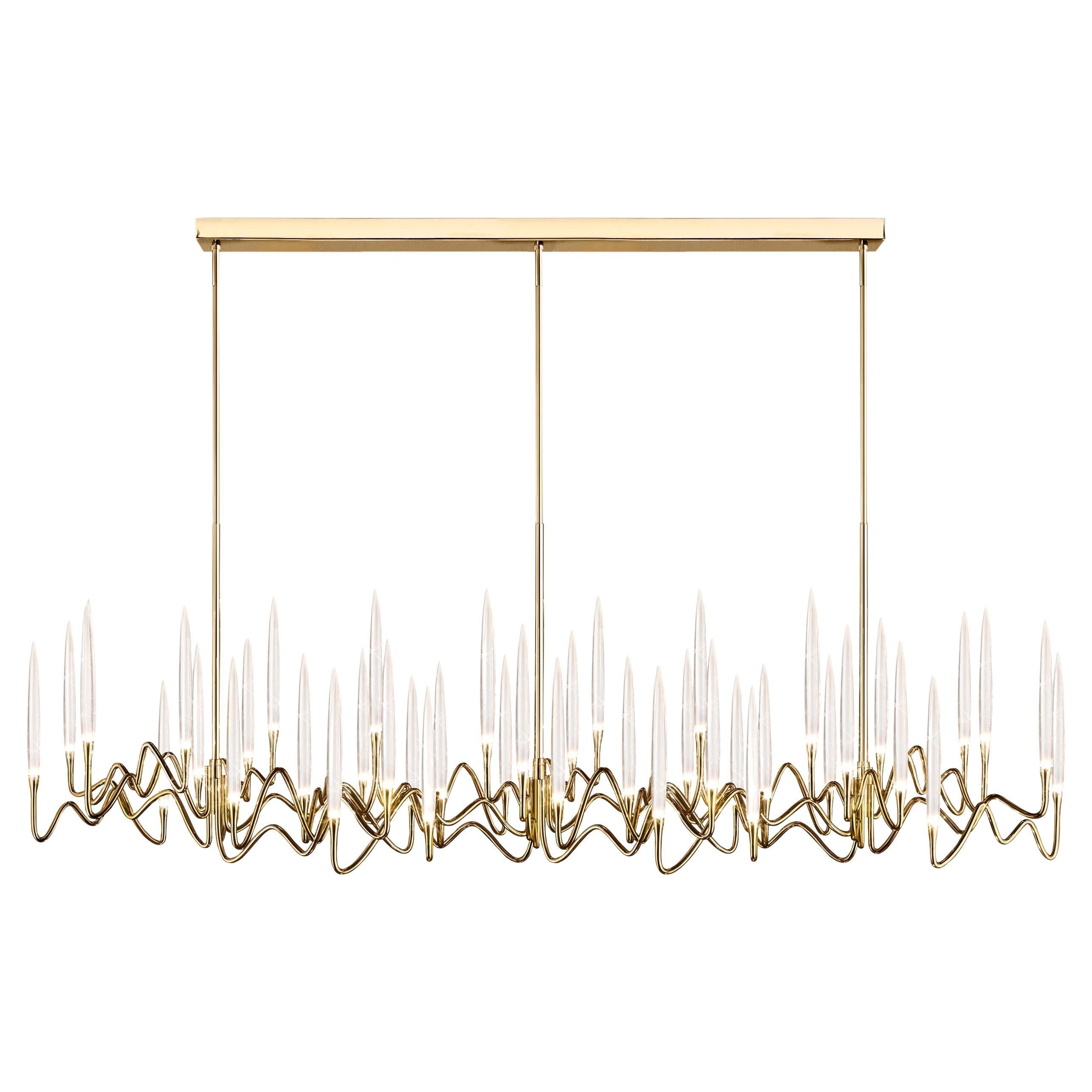 "Il Pezzo 3 Long Chandelier" - length 200cm/78.7” - polished brass - crystal For Sale