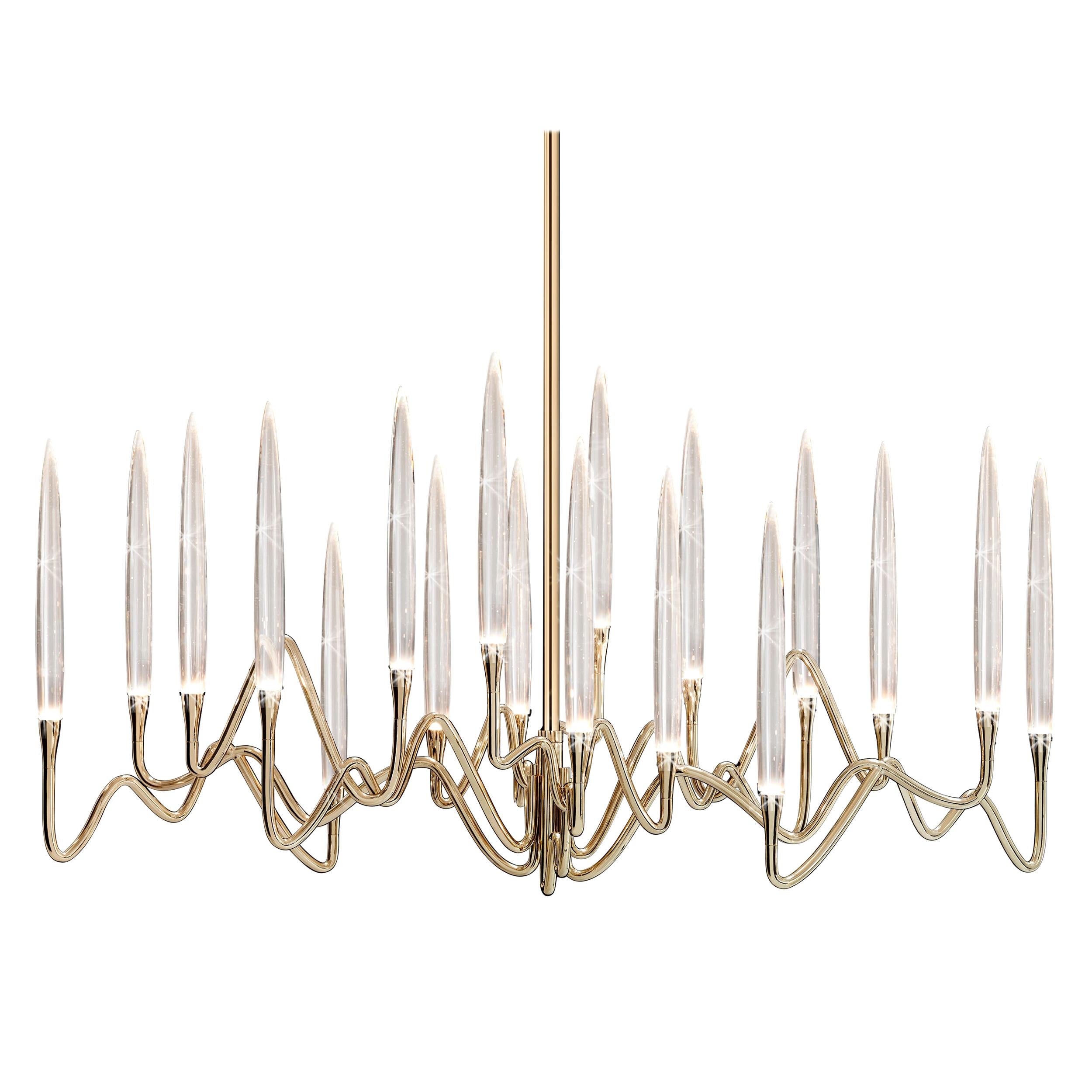 "Il Pezzo 3 Long Chandelier" - length 103cm/40.5” - polished brass - crystal For Sale