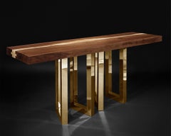"Il Pezzo 6 Console" table in solid walnut and ash top - gold finish brass base