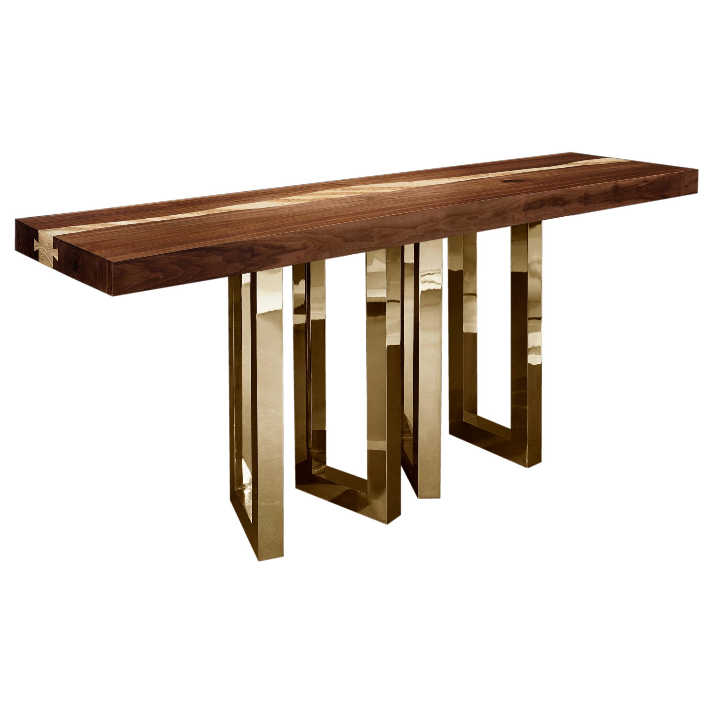 "Il Pezzo 6 Console" table in solid walnut and ash top - polished brass base For Sale