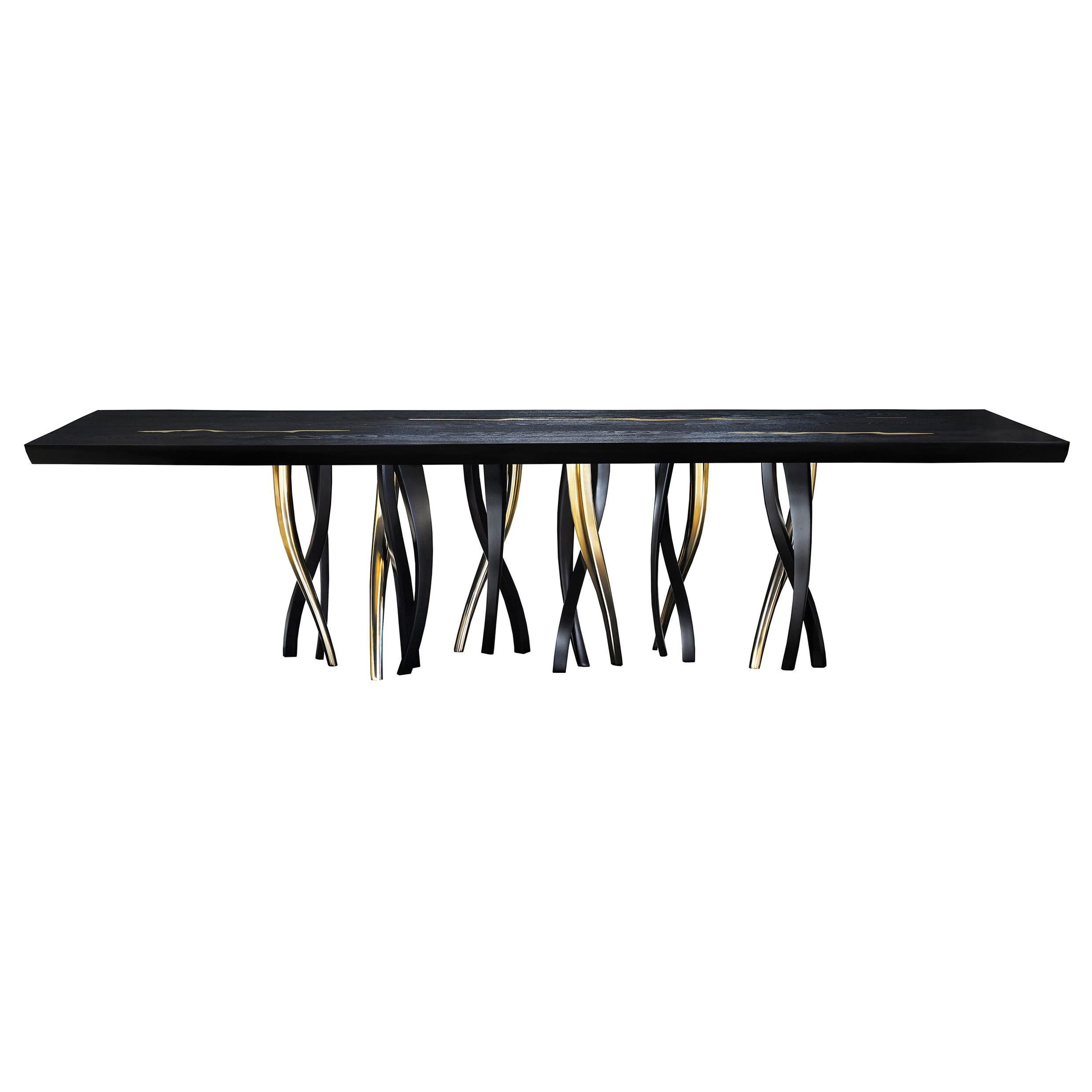 "Il Pezzo 8 Black Table" dining table in ebonized wood - black and gold base For Sale