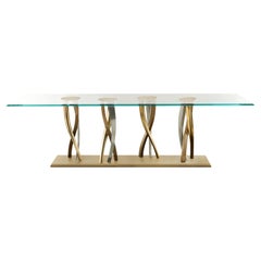 „Il Pezzo 8 Glastisch“ Glasplatte aus Glas – Bronze, satiniertes Messing, Nickel, Gusseisensockel