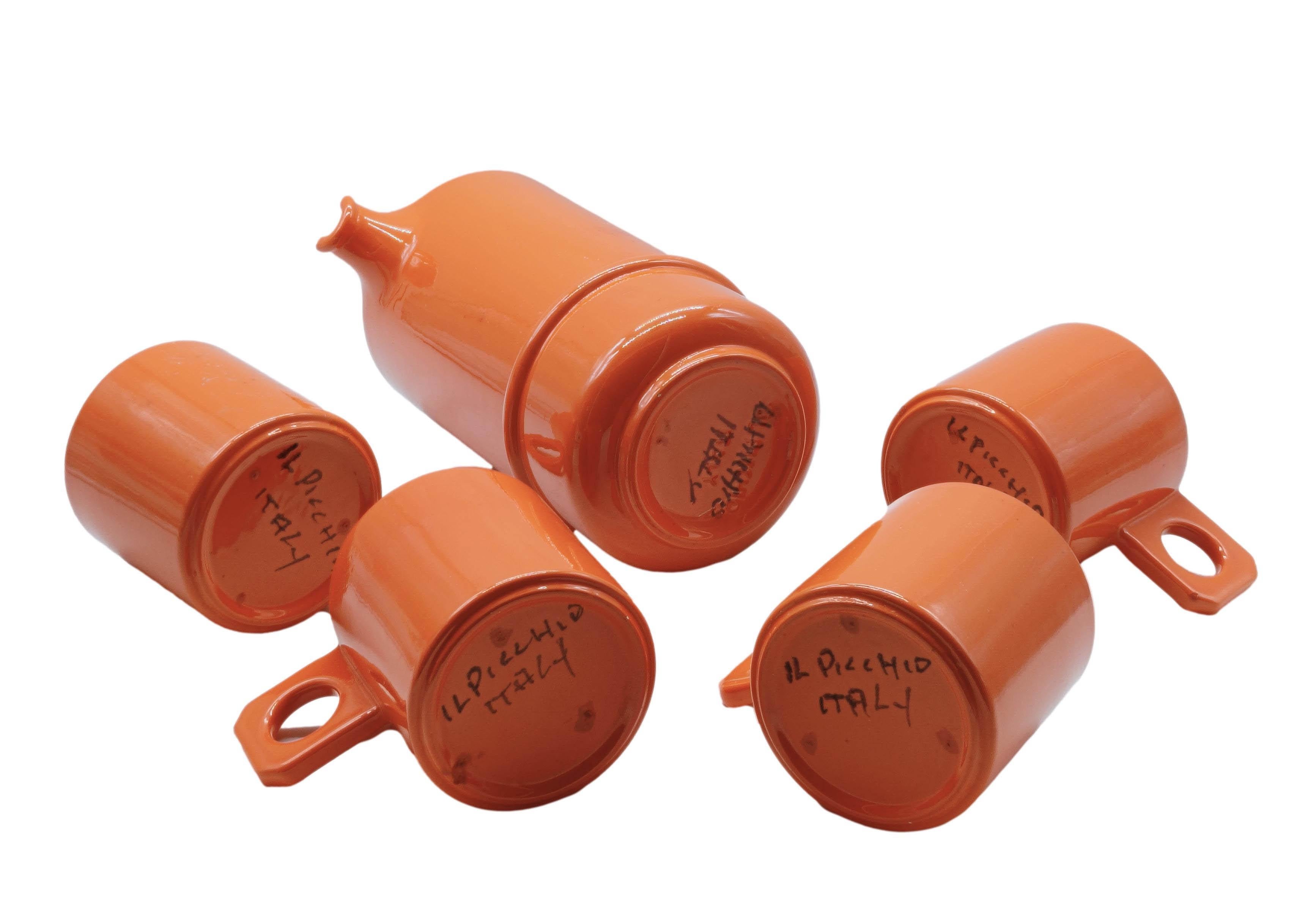 Italian Il Picchio Set of Four Mugs with Pitcher in Orange Ceramic, Italy 1970s For Sale