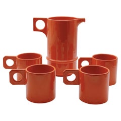 Il Picchio Set of Four Mugs with Pitcher in Orange Ceramic, Italy 1970s