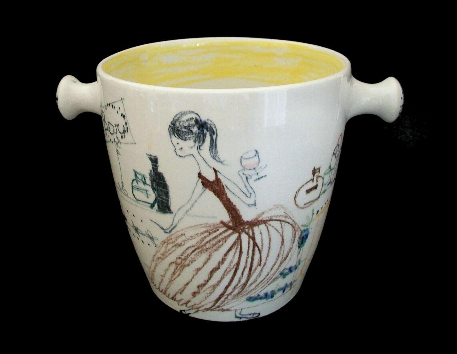 IL QUADRIFOGLIO - mid century studio ceramic twin handled ice bucket - wheel thrown with applied handles - featuring a hand drawn / decorated figure of a young woman at a bar with drink in hand to the front and cocktail names and cherries to the