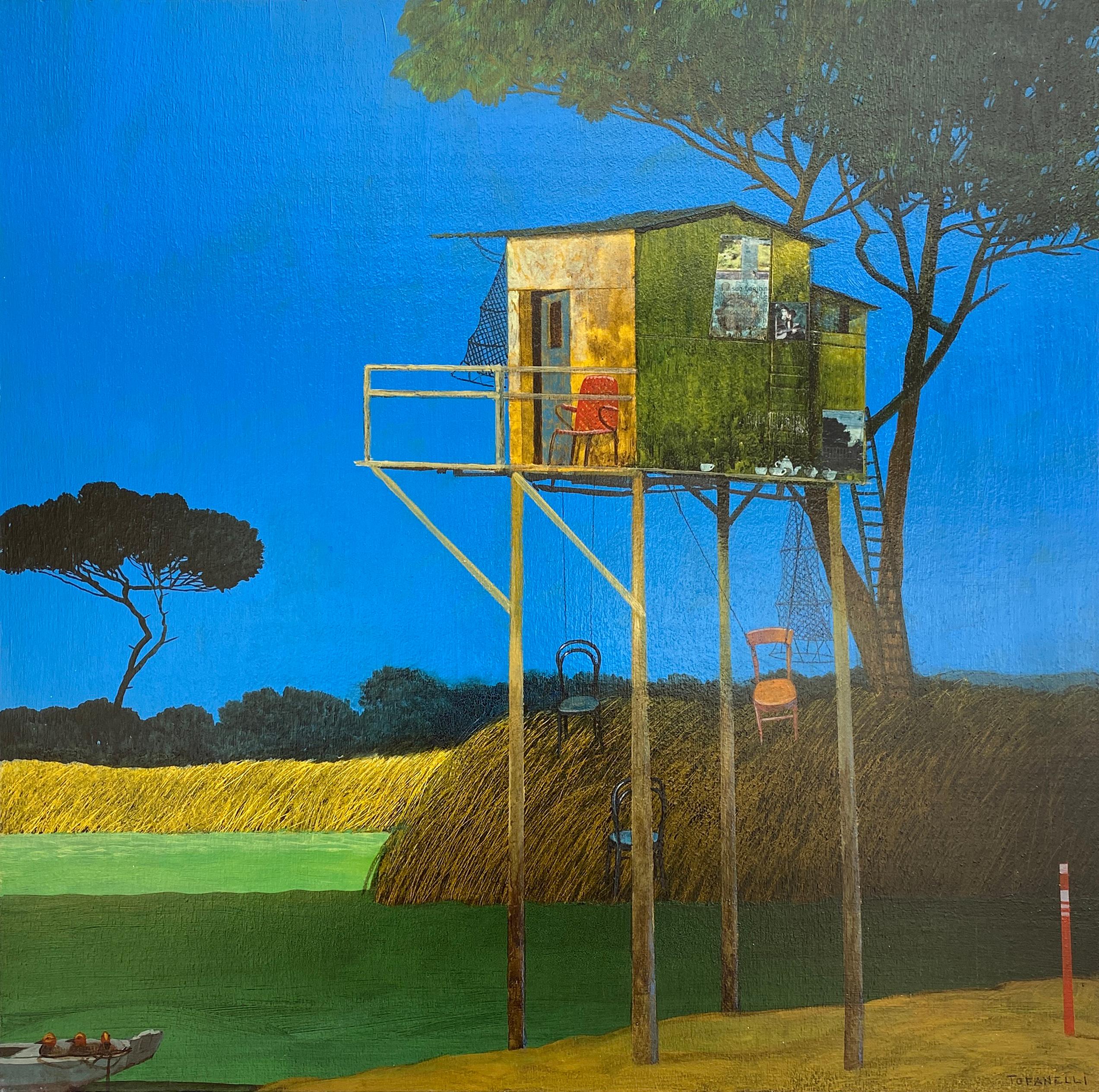 Ce tableau appartient à une série d'œuvres qu'Alessandro Tofanelli a peintes sur les cabanes de chasseurs et de pêcheurs du parc naturel de San Rossore. Les cabanes sont encore intactes et sont protégées comme l'ensemble du territoire qui s'étend le