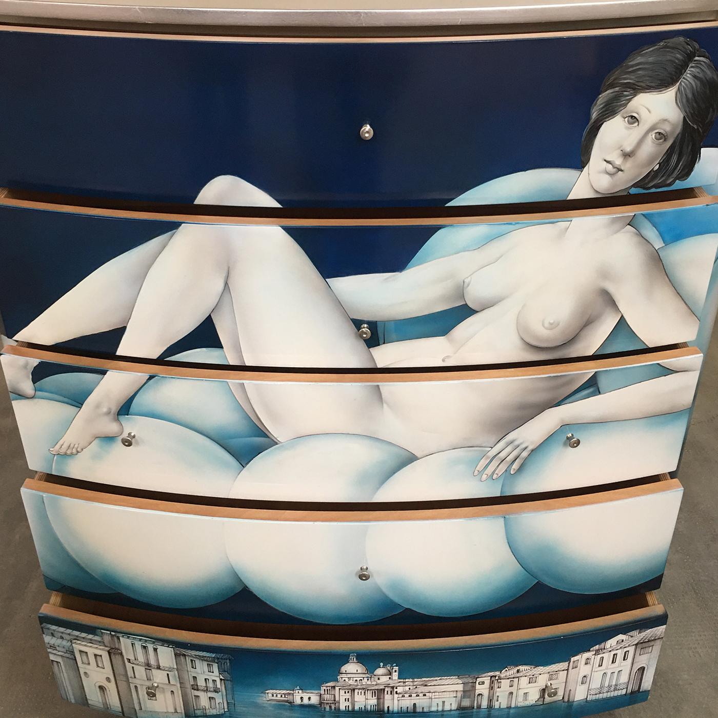One of a kind, Il Sogno a Venezia (the Venetian Dream) chest of drawers features a hand painted design by Lamegli. The woman resting on clouds over the city of Venice is inspired by both Modigliani and Giò Ponti, resulting in a truly unique style