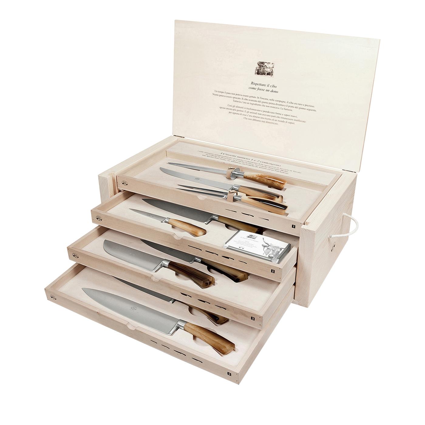 This magnificent set is a precious gift to a food-lover's kitchen. It is comprised of 14 handmade, exquisite knives of which 7 are used in the kitchen (fish knife, pesto knife, vegetable knife, bone knife, curved spelucchino knife, chef knife,