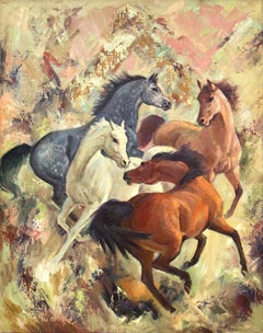 A Little Nippy, quadro a olio con cavalli incorniciato, artista femminile del Nuovo Messico