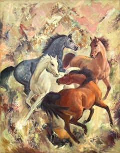 Peinture à l'huile avec chevaux encadrée « A Little Nippy », artiste féminine du Nouveau-Mexique