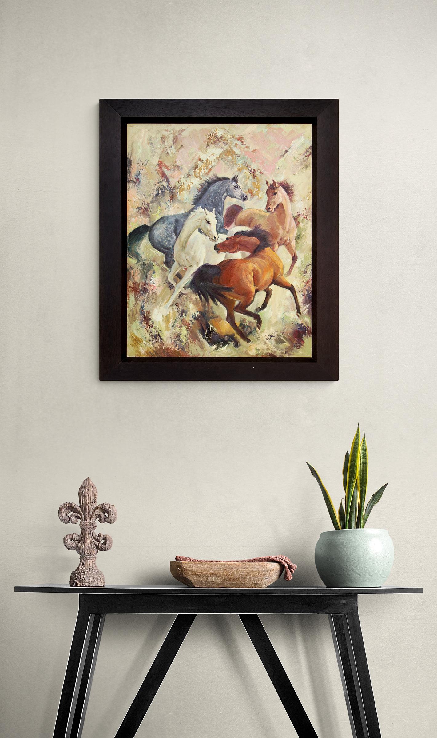 Ein kleiner Mohnblumen, gerahmtes Ölgemälde mit Pferden, weibliche Künstlerin aus New Mexico im Angebot 2