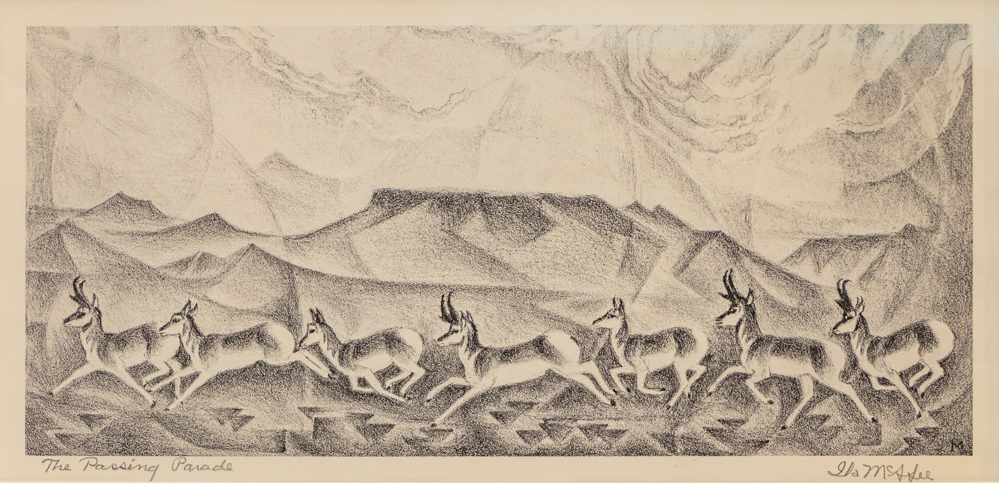 The Passing Parade, Lithographie des 20. Jahrhunderts, Südwest-Wüste mit Antelope