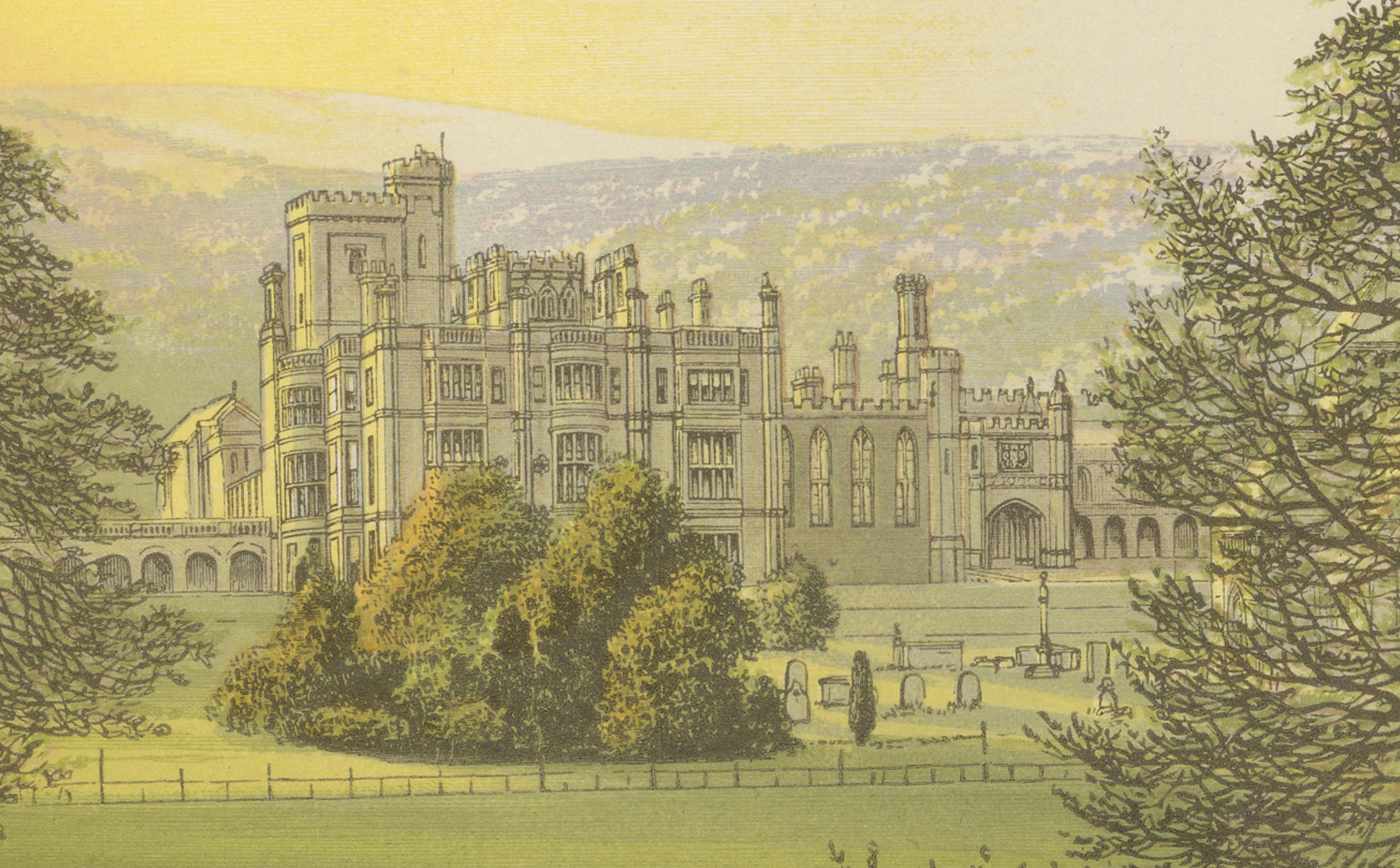 Ilam Hall Gothic Revival Estate View, English Country House Engraving, c.1850