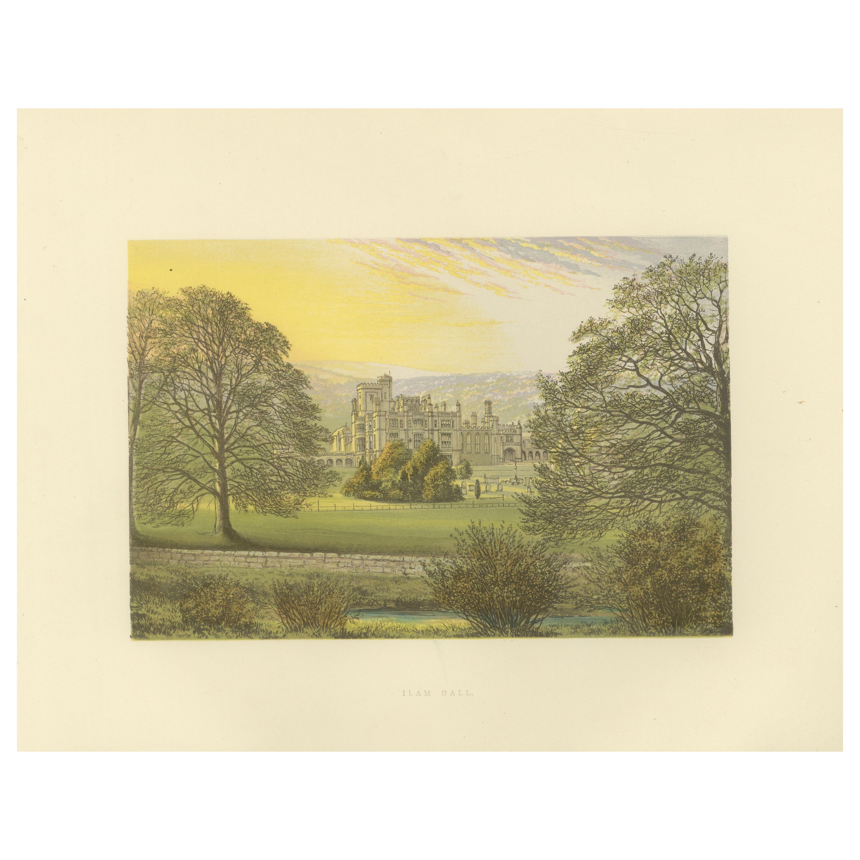 Ilam Hall Gothic Revival Estate View, English Country House Engraving, c.1850