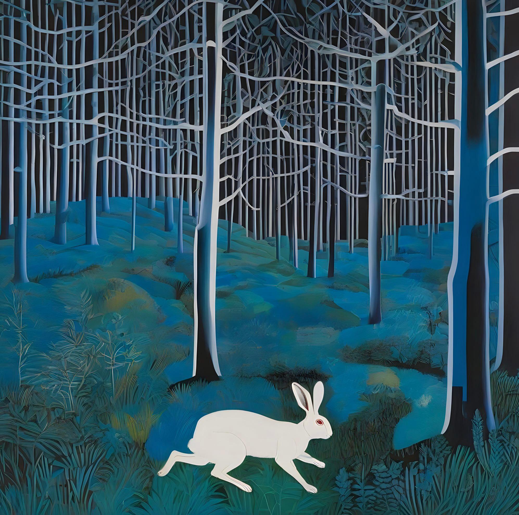 Landscape with a hare, 90x90cm, print on canvas  - Art by Ilan Burkov