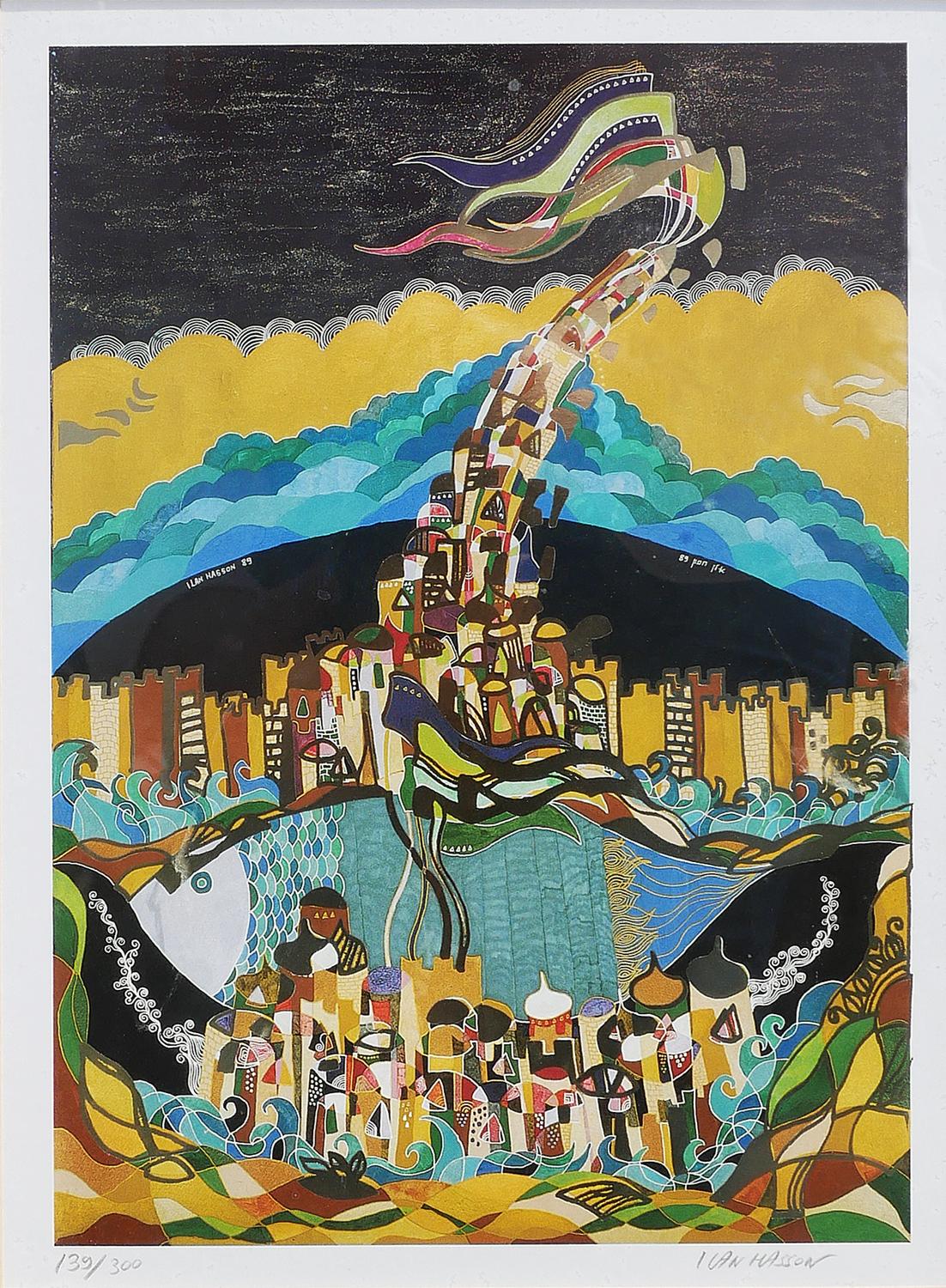 „Der Turm von Babel“ Geometrische abstrakte Lithographie in Gelb, Blau und Grün im Angebot 3
